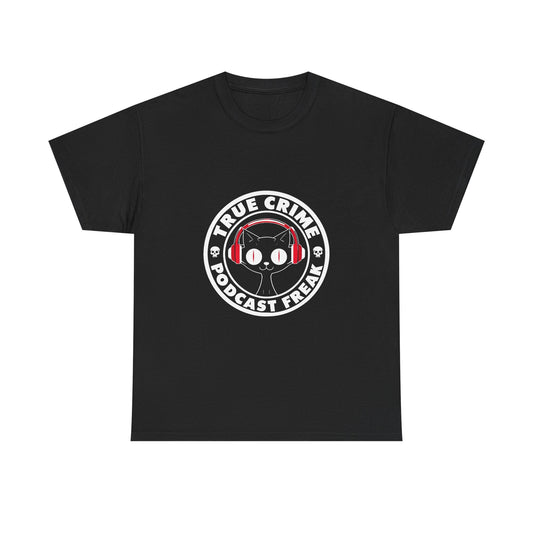 True Crime Podcast Tee — Cat with Headphones Logo