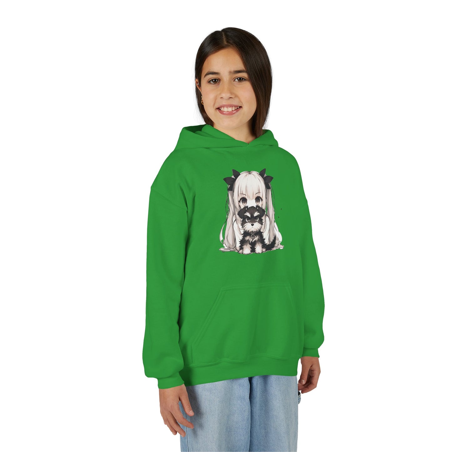 Cute Anime Girl & Puppy Youth Hoodie — Kawaii Kids Pullover for Anime Fans
