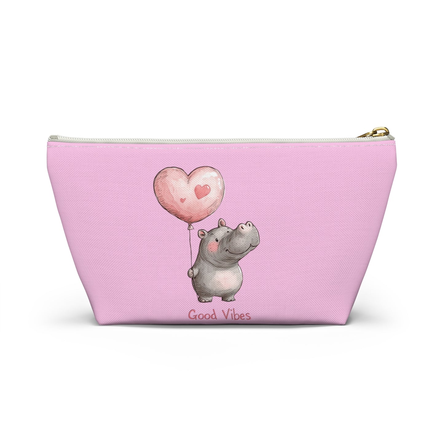 Cute Hippo Good Vibes Accessory Pouch, Makeup Bag, Travel Organizer, Gift for Animal Lovers, Cute Pink Storage Bag