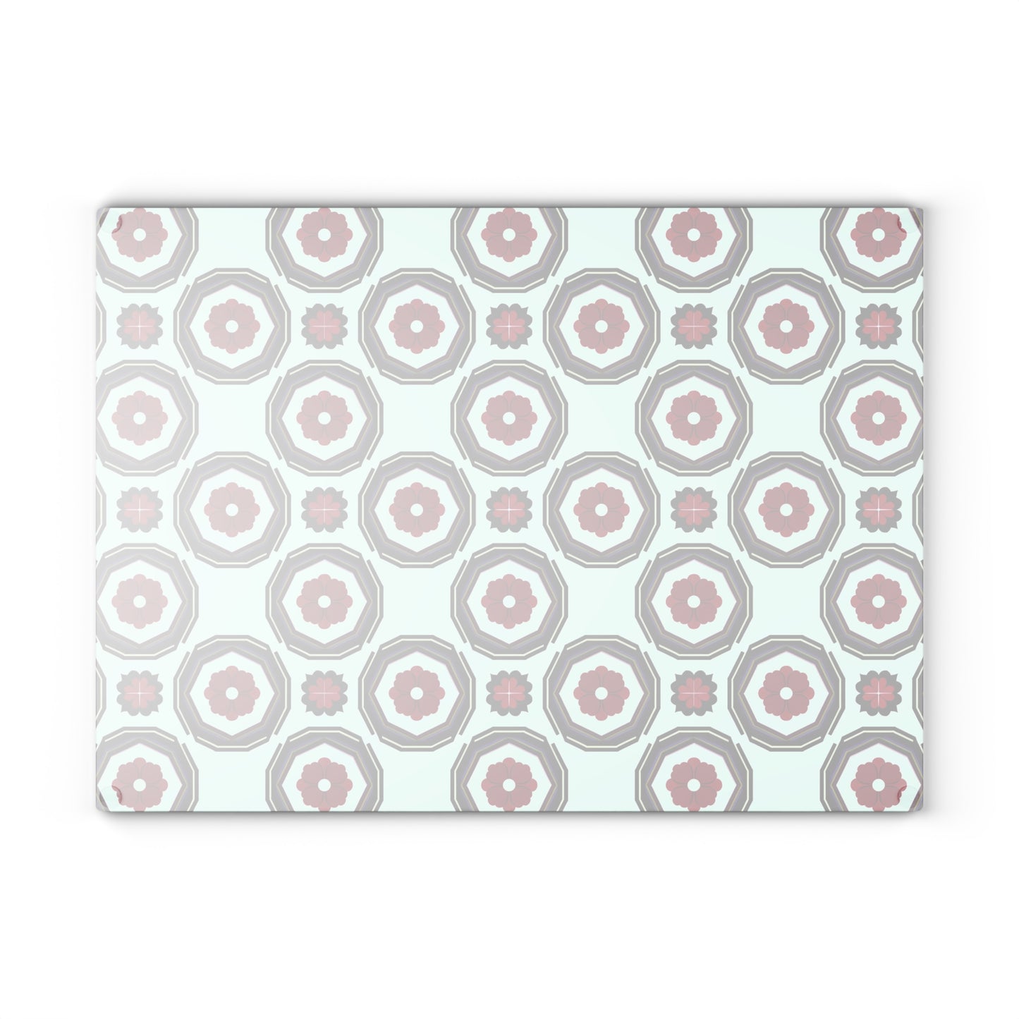 Retro Geometric Glass Cutting Board — Mint & Burgundy Pattern