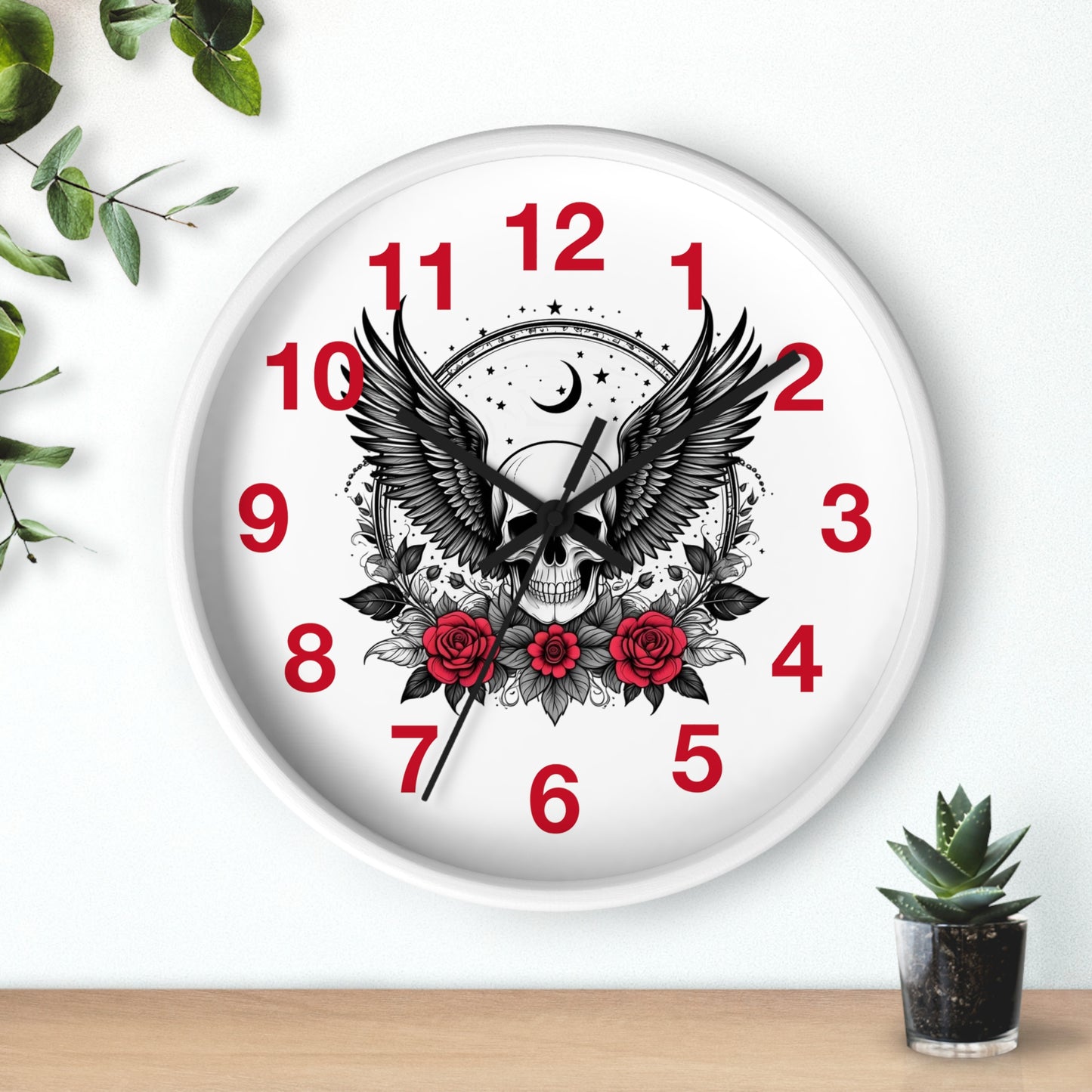 Winged Skull with Red Roses Wall Clock | Gothic Moon Skull Clock
