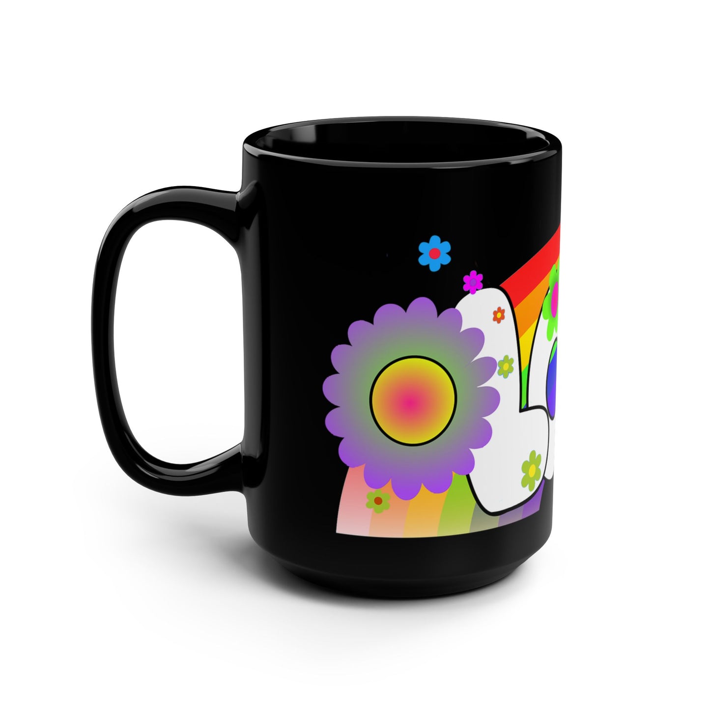 Love Rainbow 70s Flower Power Black 15oz Mug