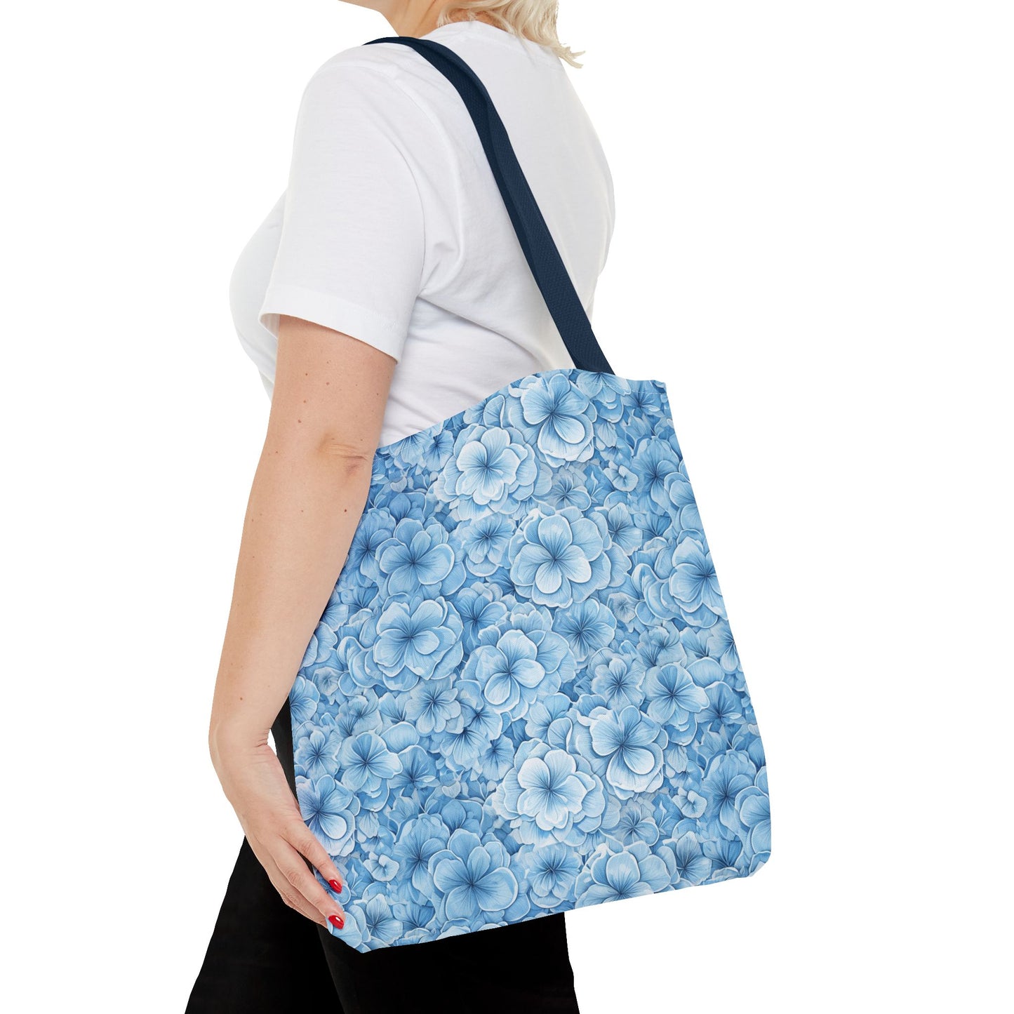 Blue Watercolor Floral Tote Bag — Reusable Flower Pattern Shopper