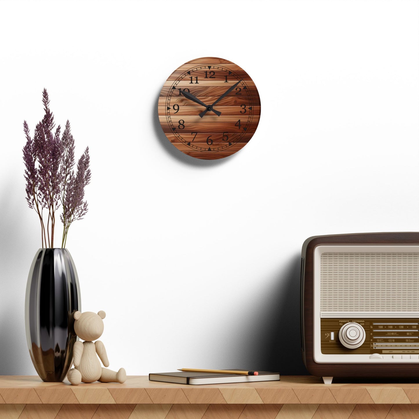 Rustic Wooden Design Acrylic Wall Clock, Home Decor, Gift for Her, Farmhouse Style, Kitchen Wall Art