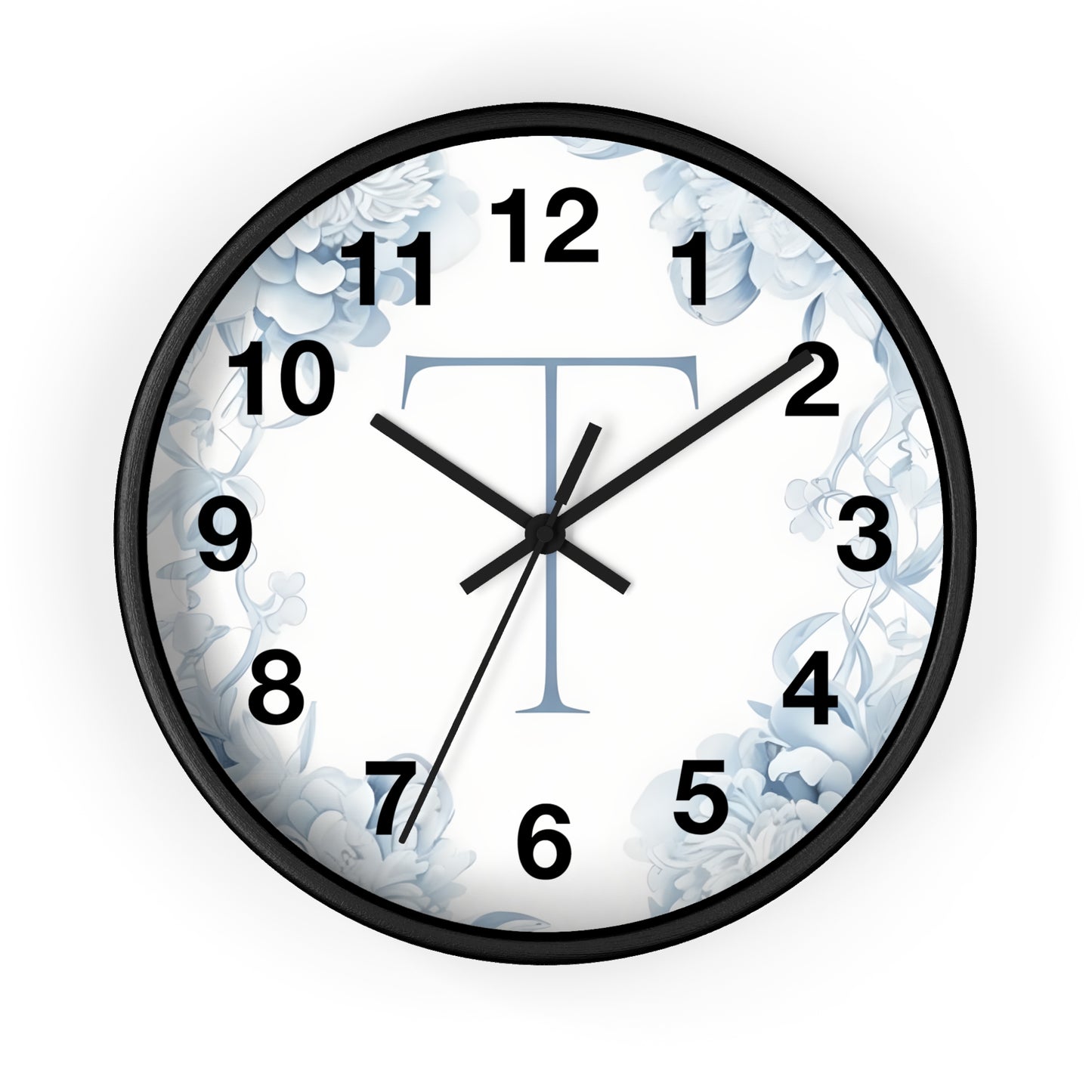 Monogram T Floral Wall Clock — Elegant Blue Initial T Home Decor