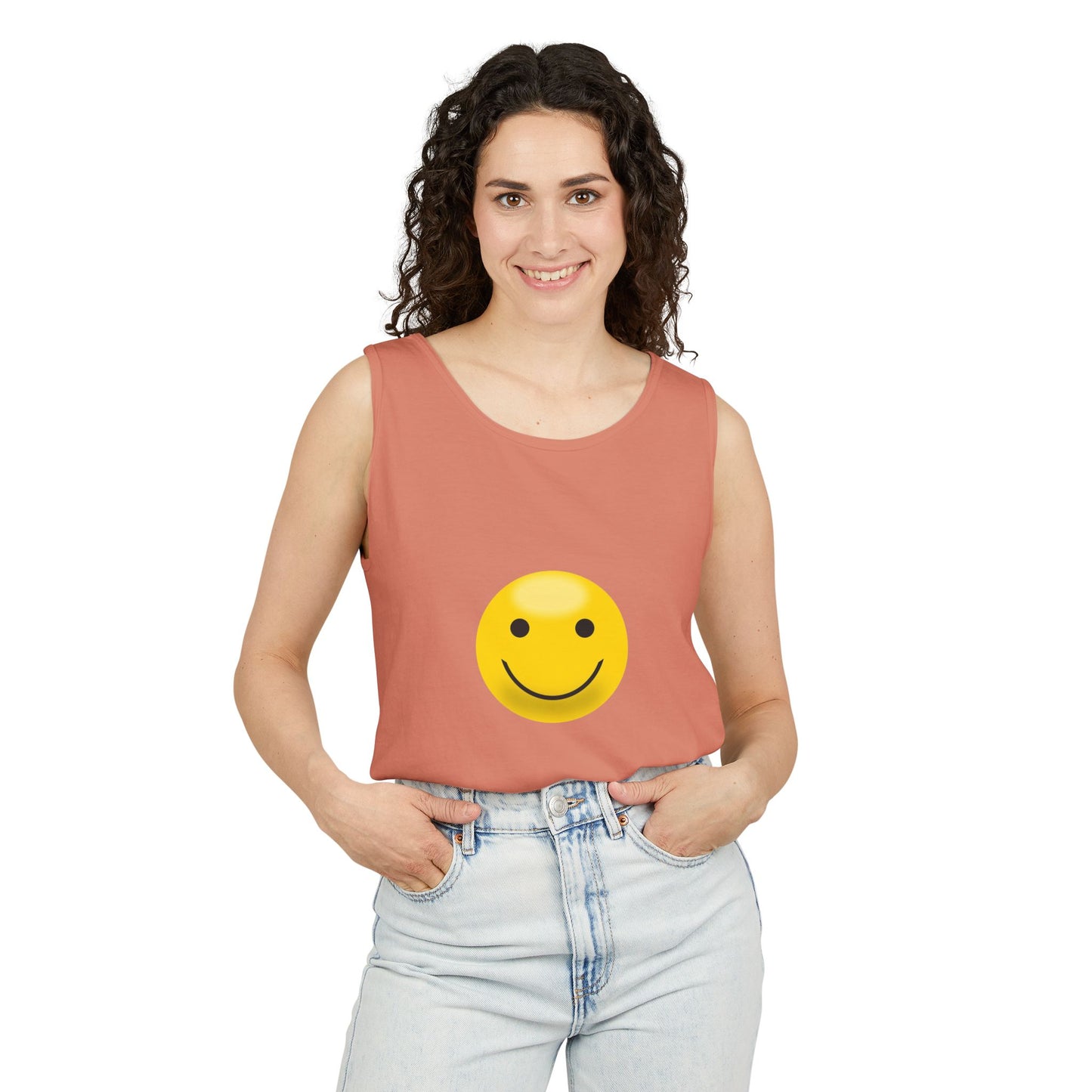 Smiley Face Tank Top, Summer Shirt, Casual Wear, Beach Outing, Gift for Friends, Positive Vibes Apparel