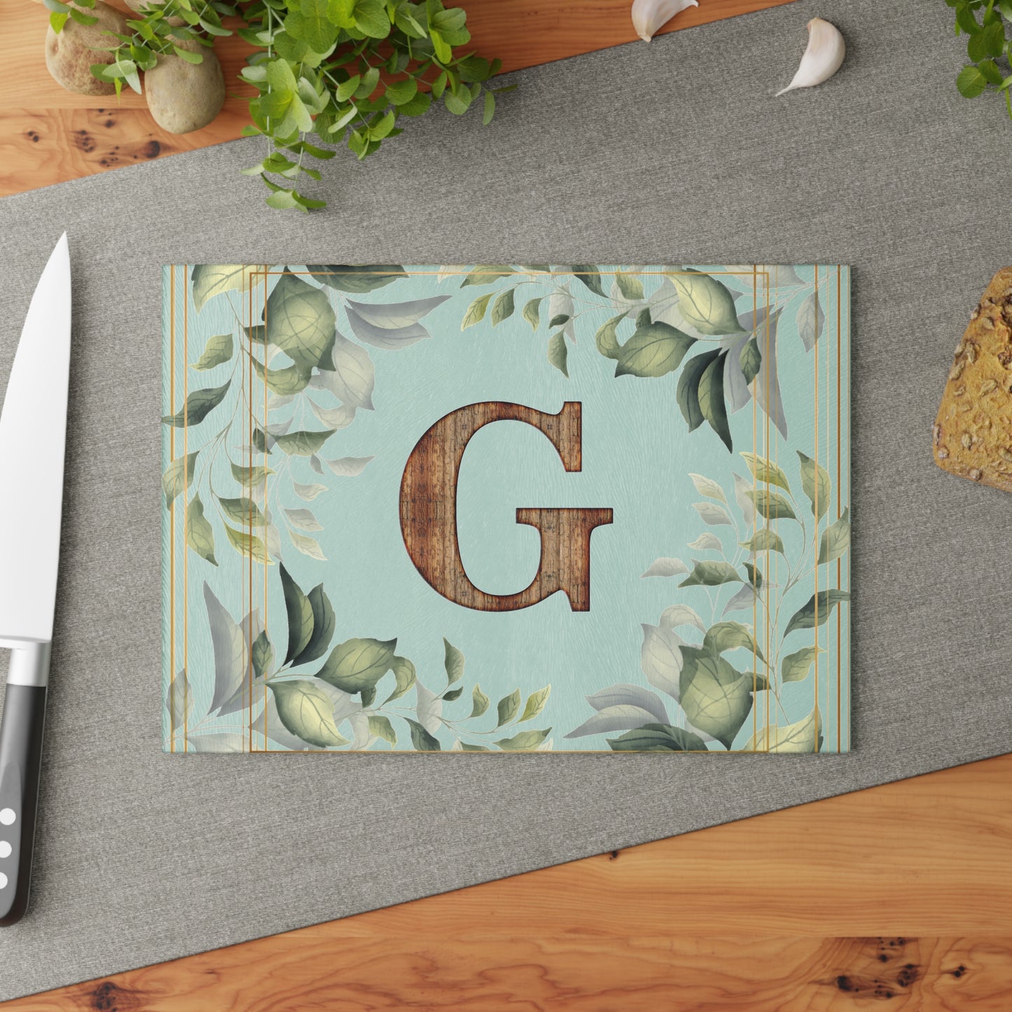Glass Cutting Board — Monogram G Floral Wood Initial Decorative Kitchen Board