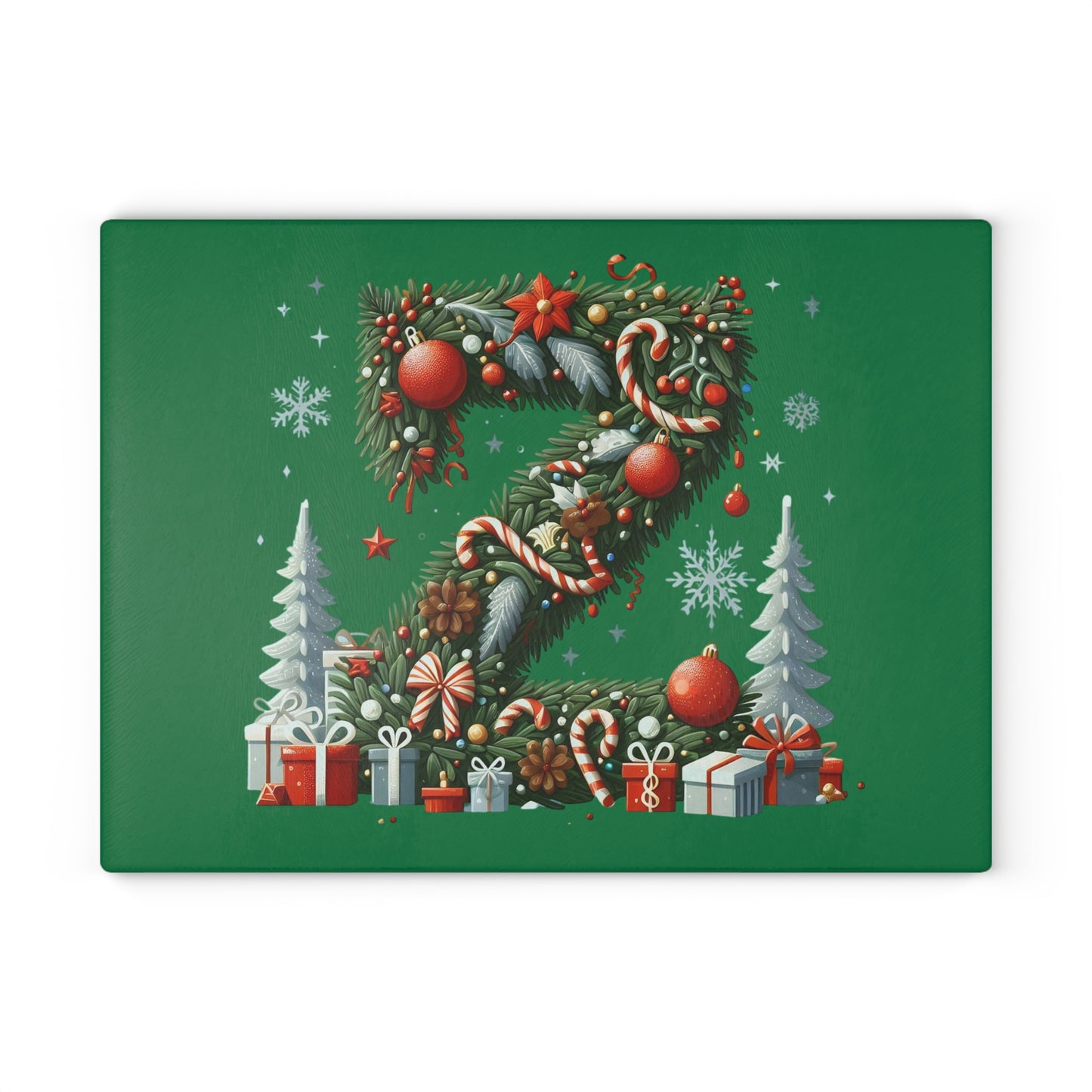 Christmas Wreath 'Z' Glass Cutting Board – Festive Holiday Kitchen Board, Candy Cane & Ornaments Design