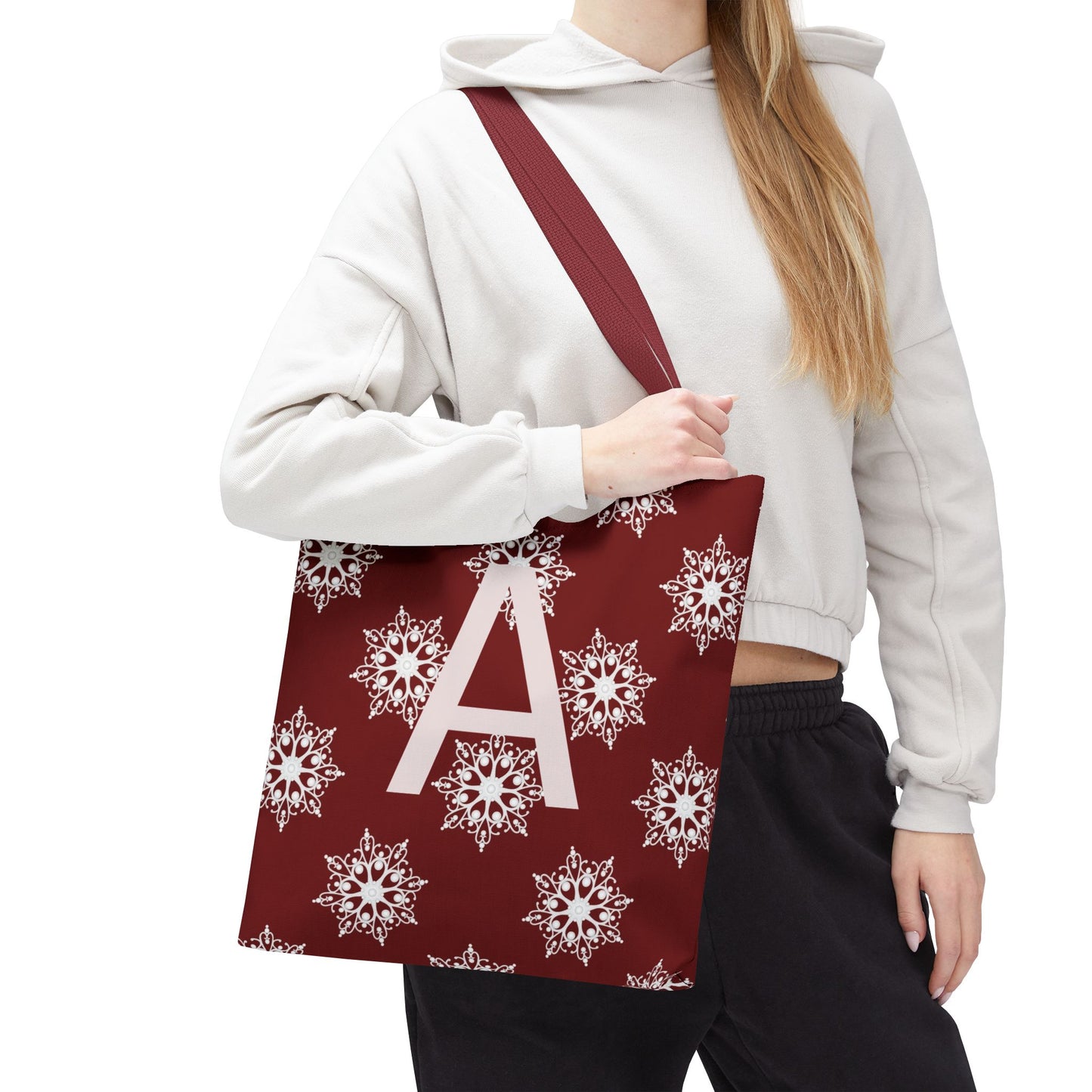 Monogram A Snowflake Tote Bag — Personalized Holiday AOP Tote