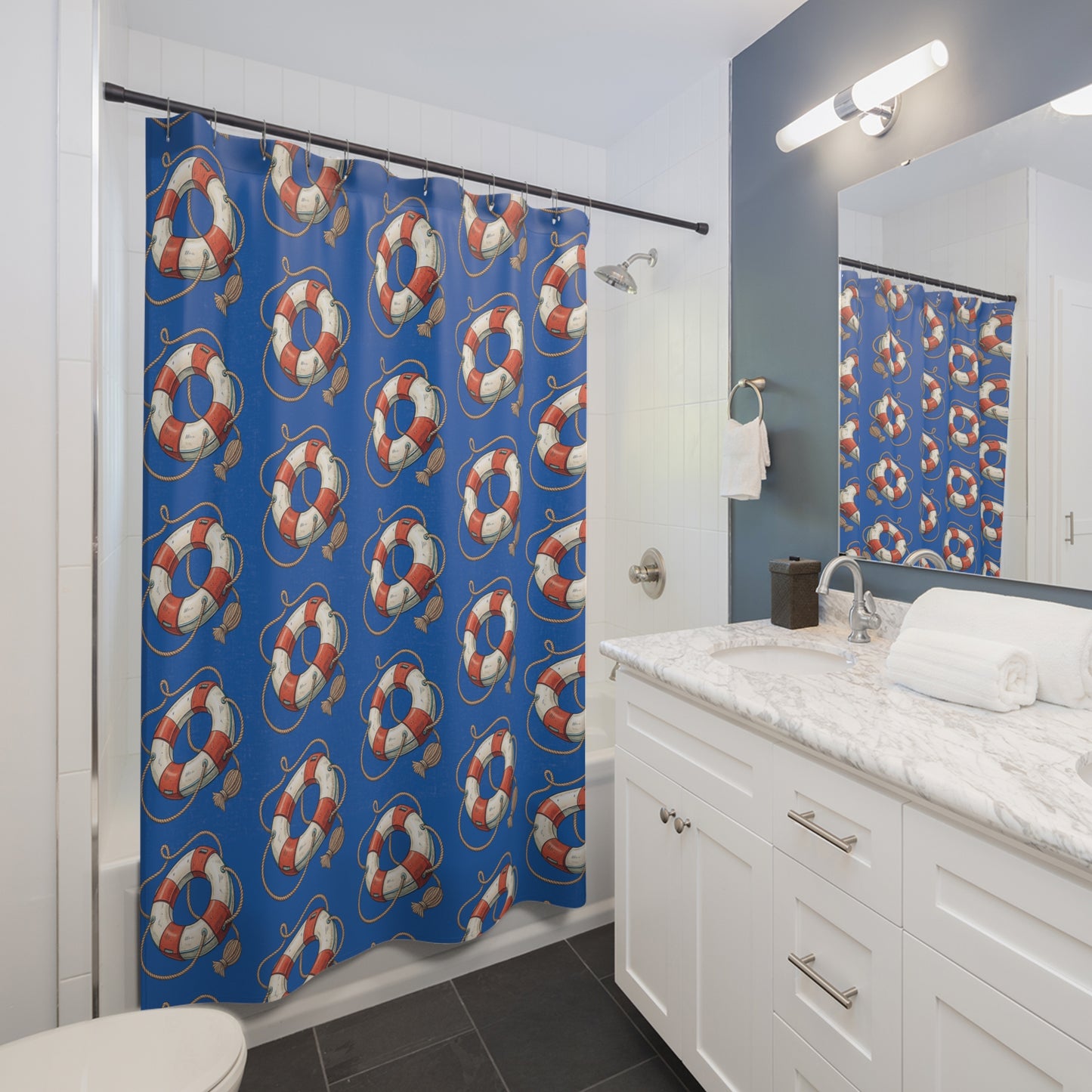 Nautical Lifesaver Shower Curtain, Beach Decor, Coastal Bathrooms, Gift for Sea Lovers, Summer Vibes, Nautical Theme