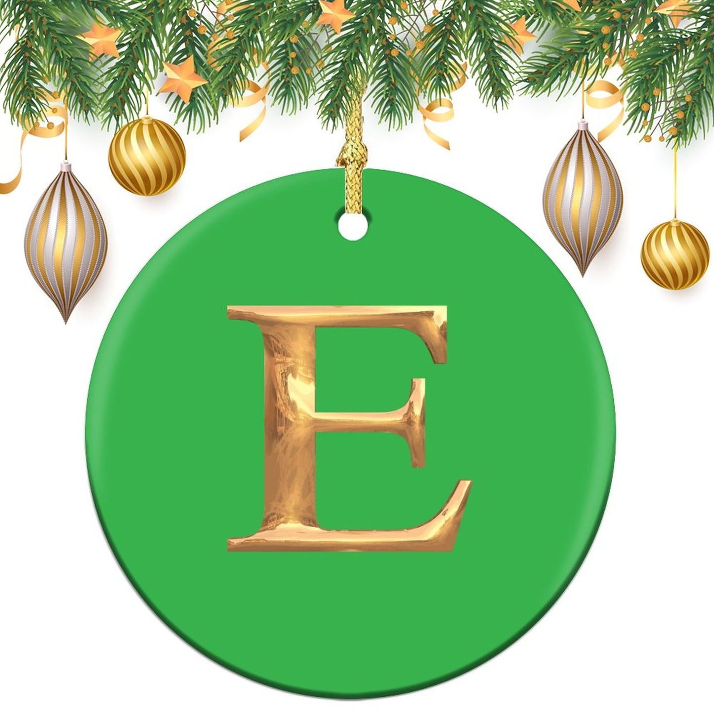Round Christmas Ceramic Ornament (Glossy Surface) - Letter E