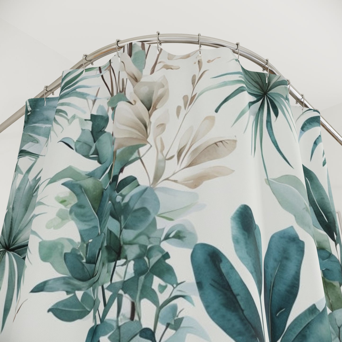Botanical Tropical Shower Curtain — Green Palm & Foliage Bathroom Decor