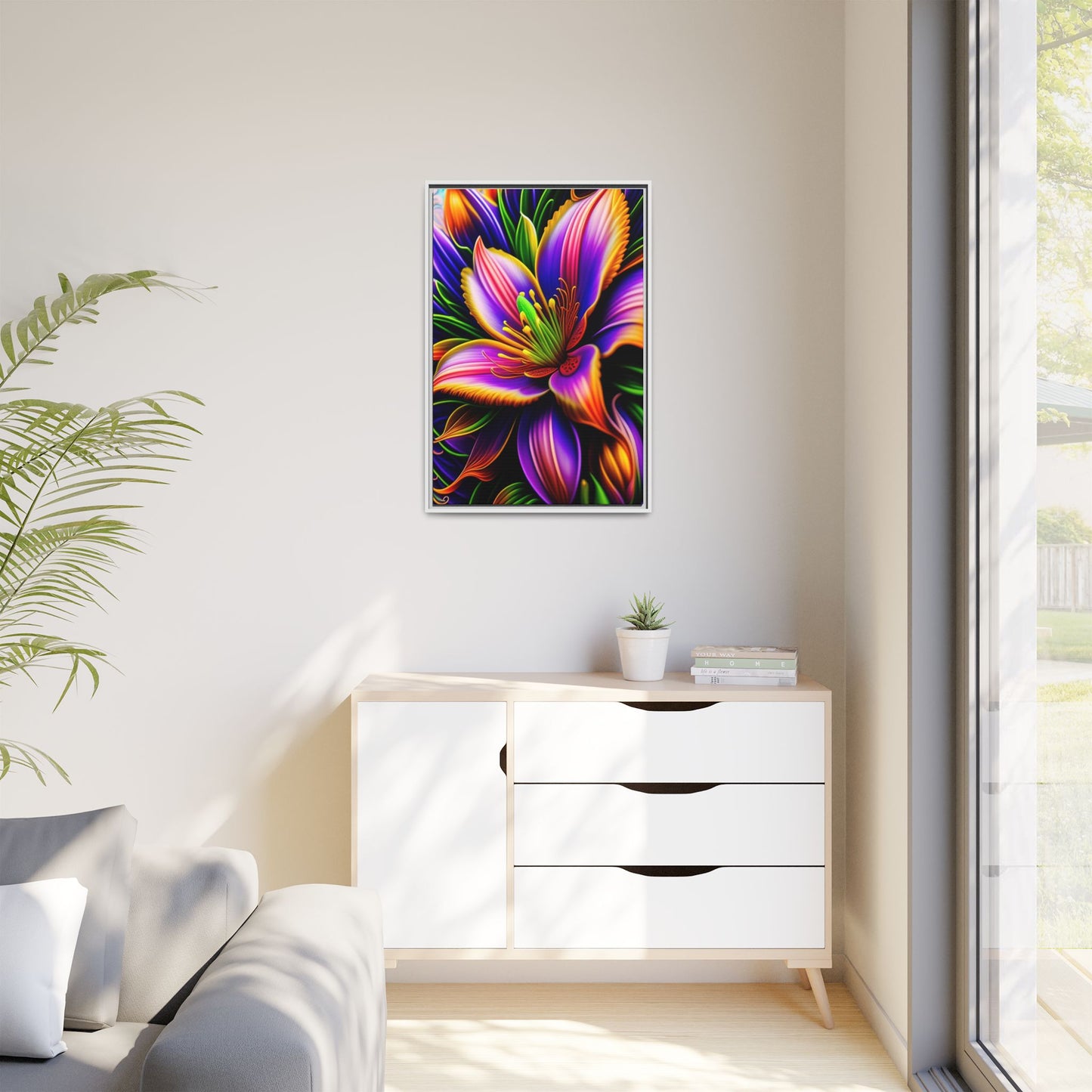 Vibrant Neon Floral Matte Canvas Print — Framed Wall Art