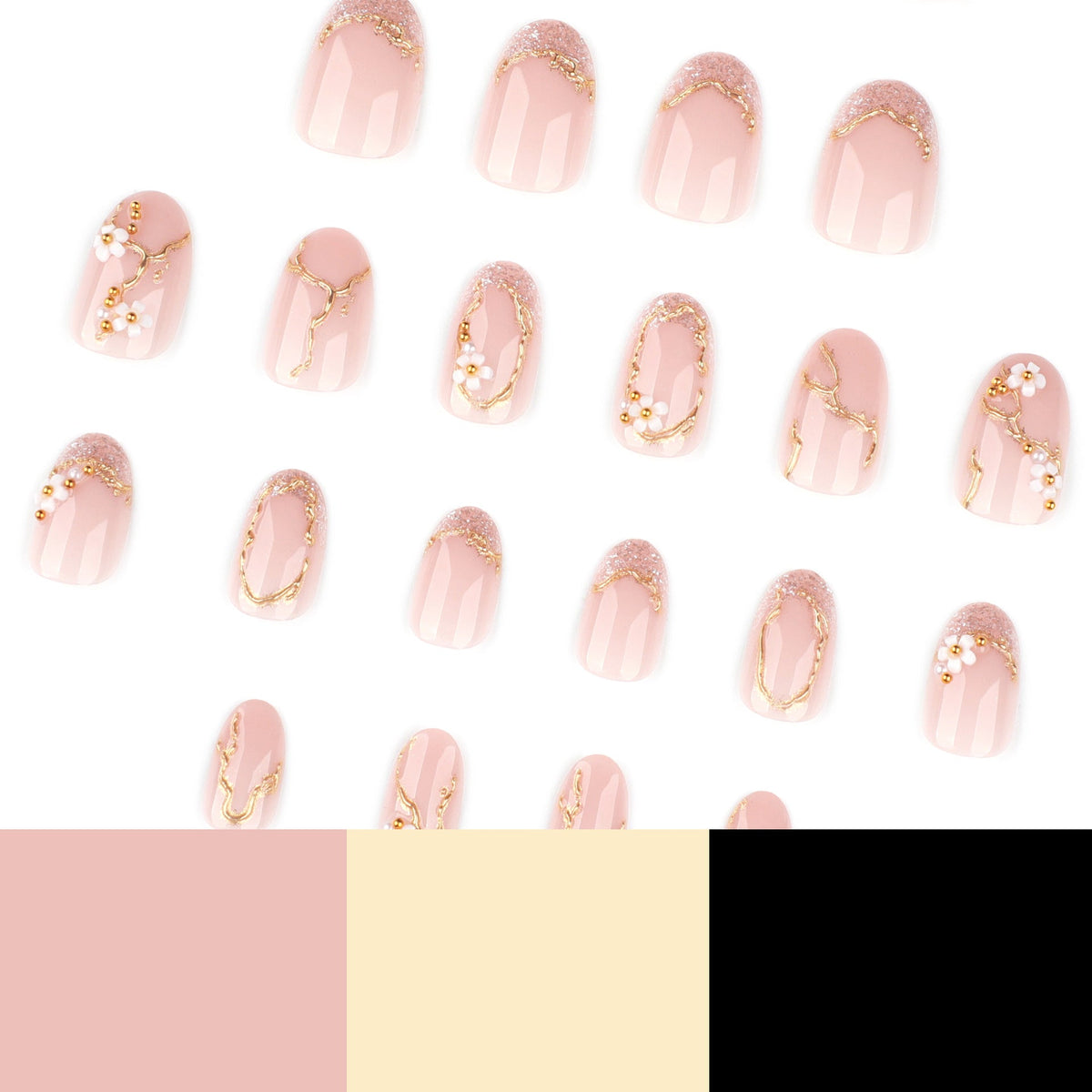 Soft Pink Floral Almond Nails with Gold Details – Image 4