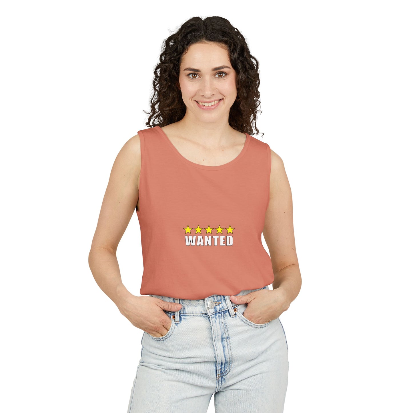 5-Star "WANTED" Garment-Dyed Tank Top, Unisex Summer Shirt, Gift for Him/Her, Trendy Casual Wear, Pool Party Outfit, Unique Graphic Tee