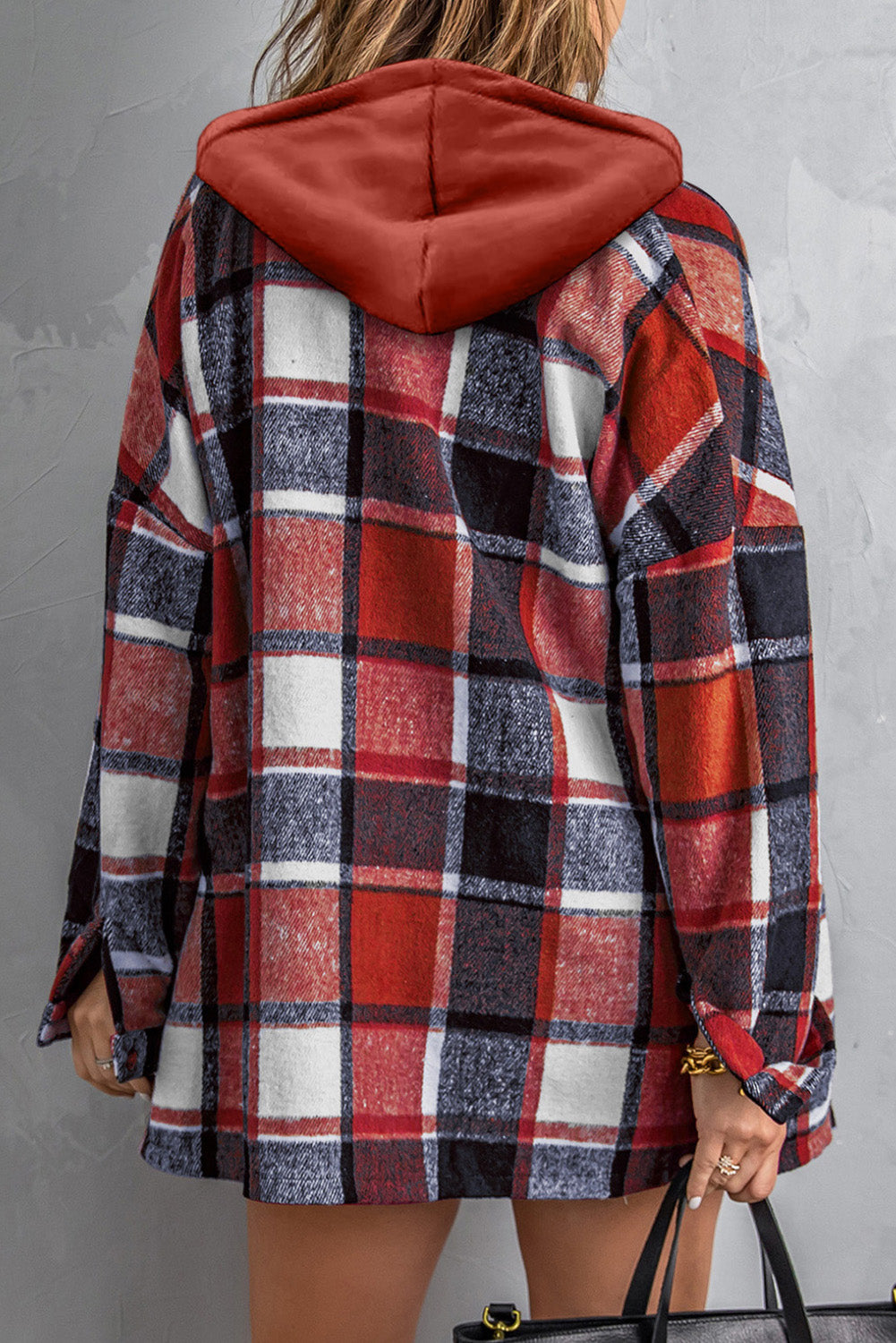 Fiery Red Hooded Plaid Button Front Jacket