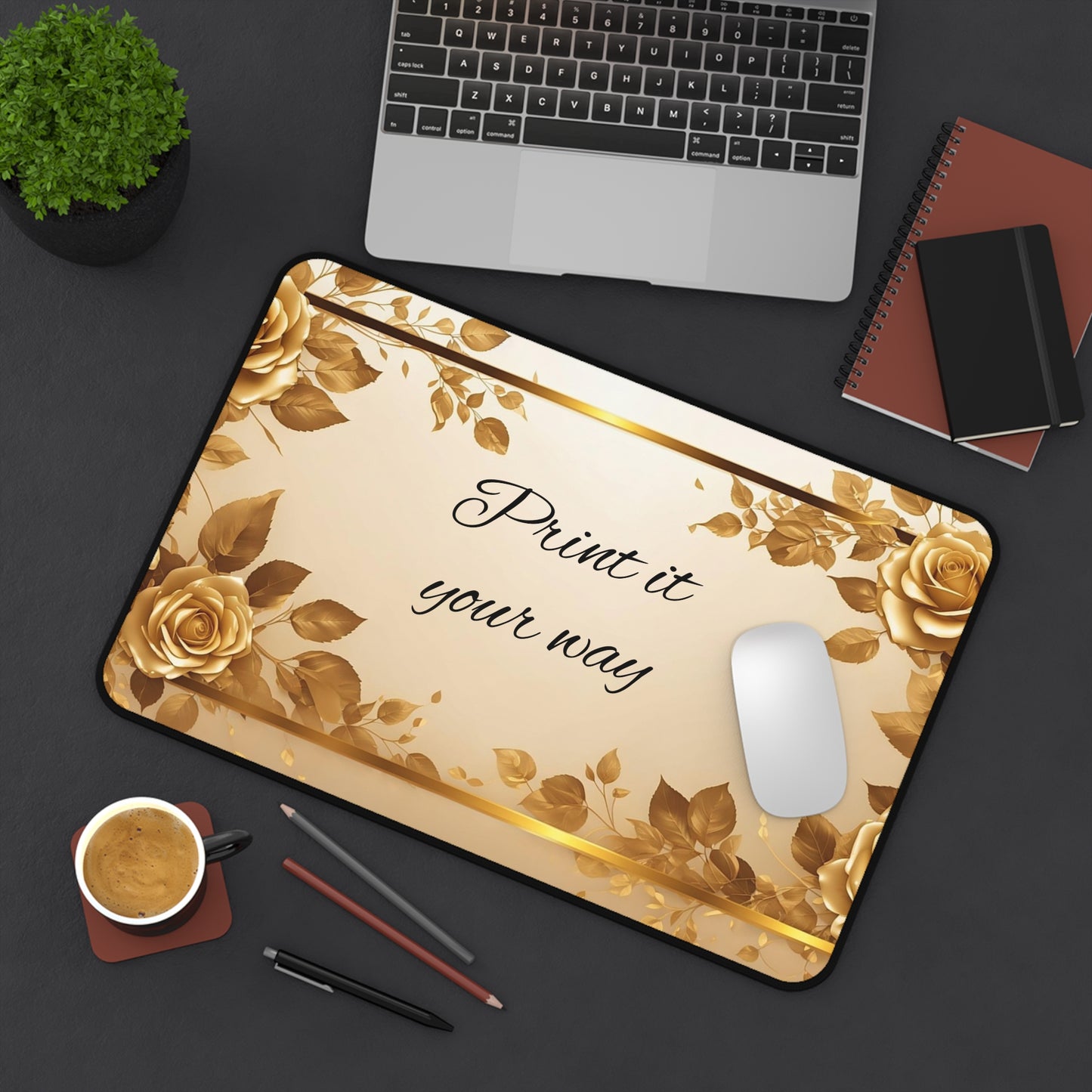 Gold Floral Desk Mat — Customizable Elegant Mouse Pad with "Print it your way" Design
