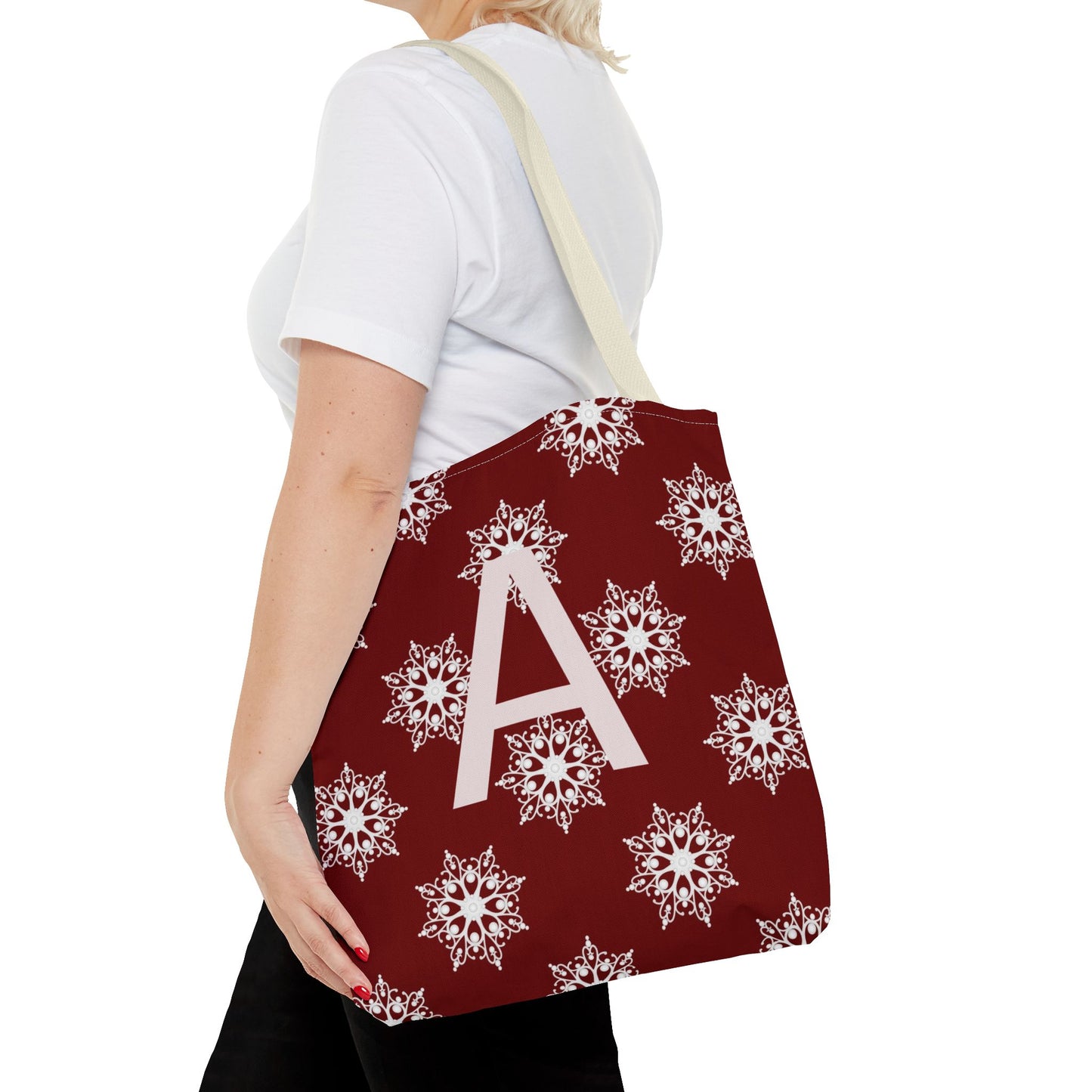 Monogram A Snowflake Tote Bag — Personalized Holiday AOP Tote