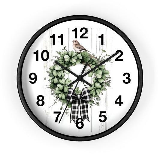 Charming Wreath Wall Clock | Rustic Decor, Bird Lover Gift, Spring Theme, Home Accent, Clovers & Bow