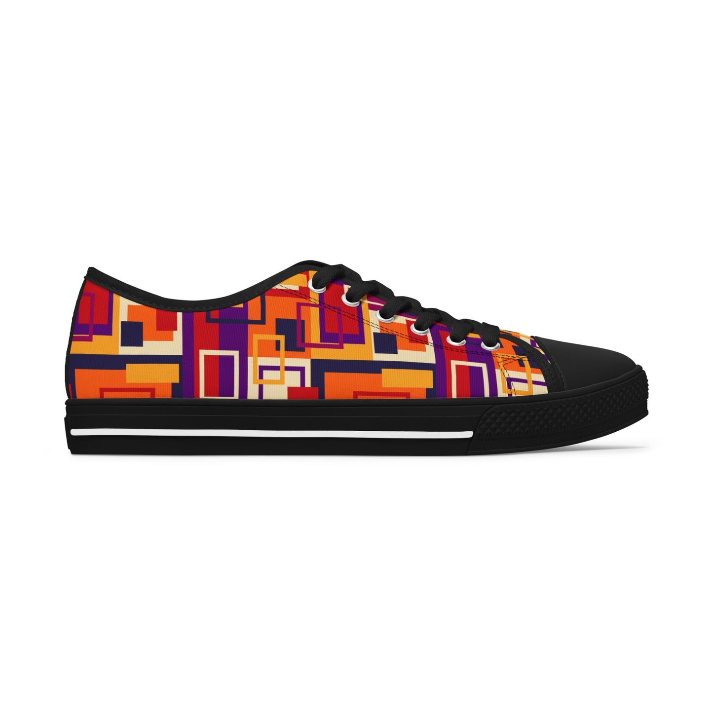 Retro Geometric Women's Low Top Sneakers — Bold Orange & Purple Patchwork Canvas