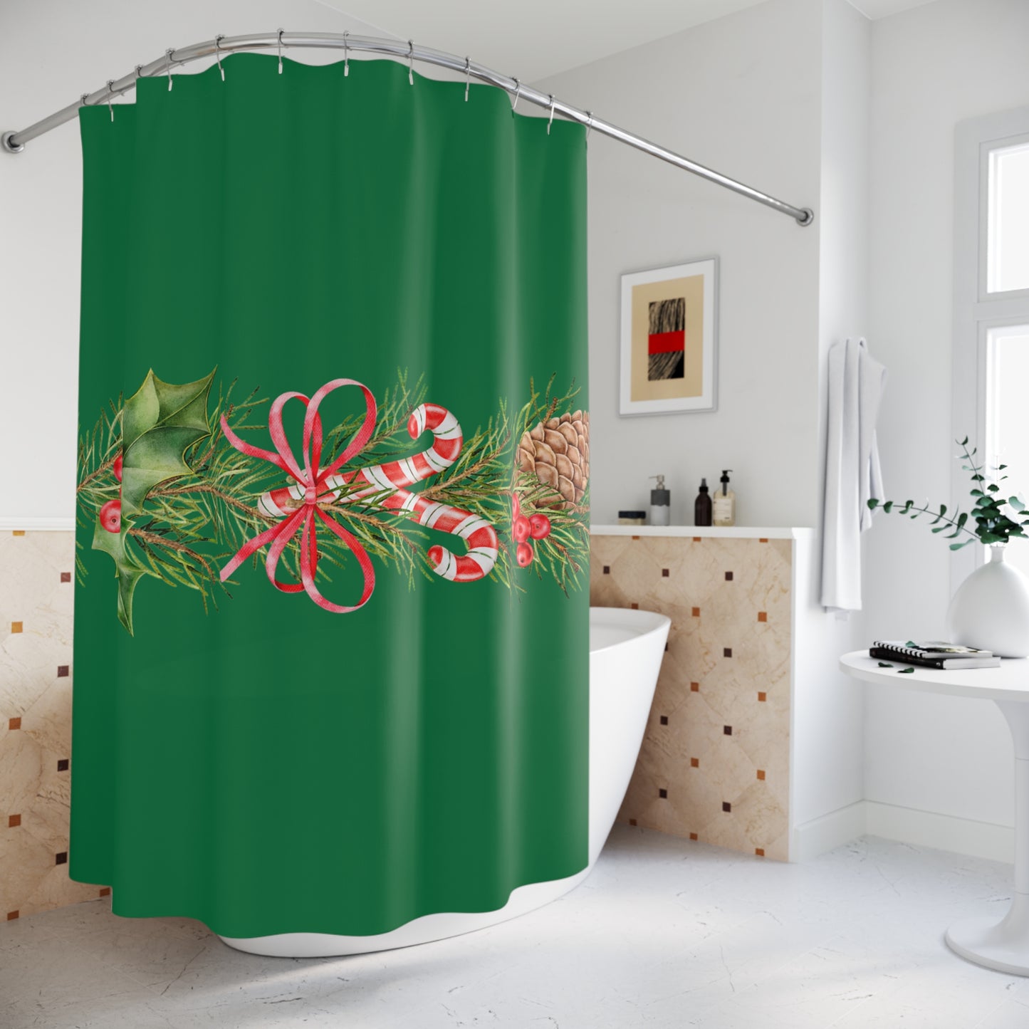 Christmas Green Shower Curtain — Holiday Pine, Candy Cane & Holly Garland Bathroom Decor