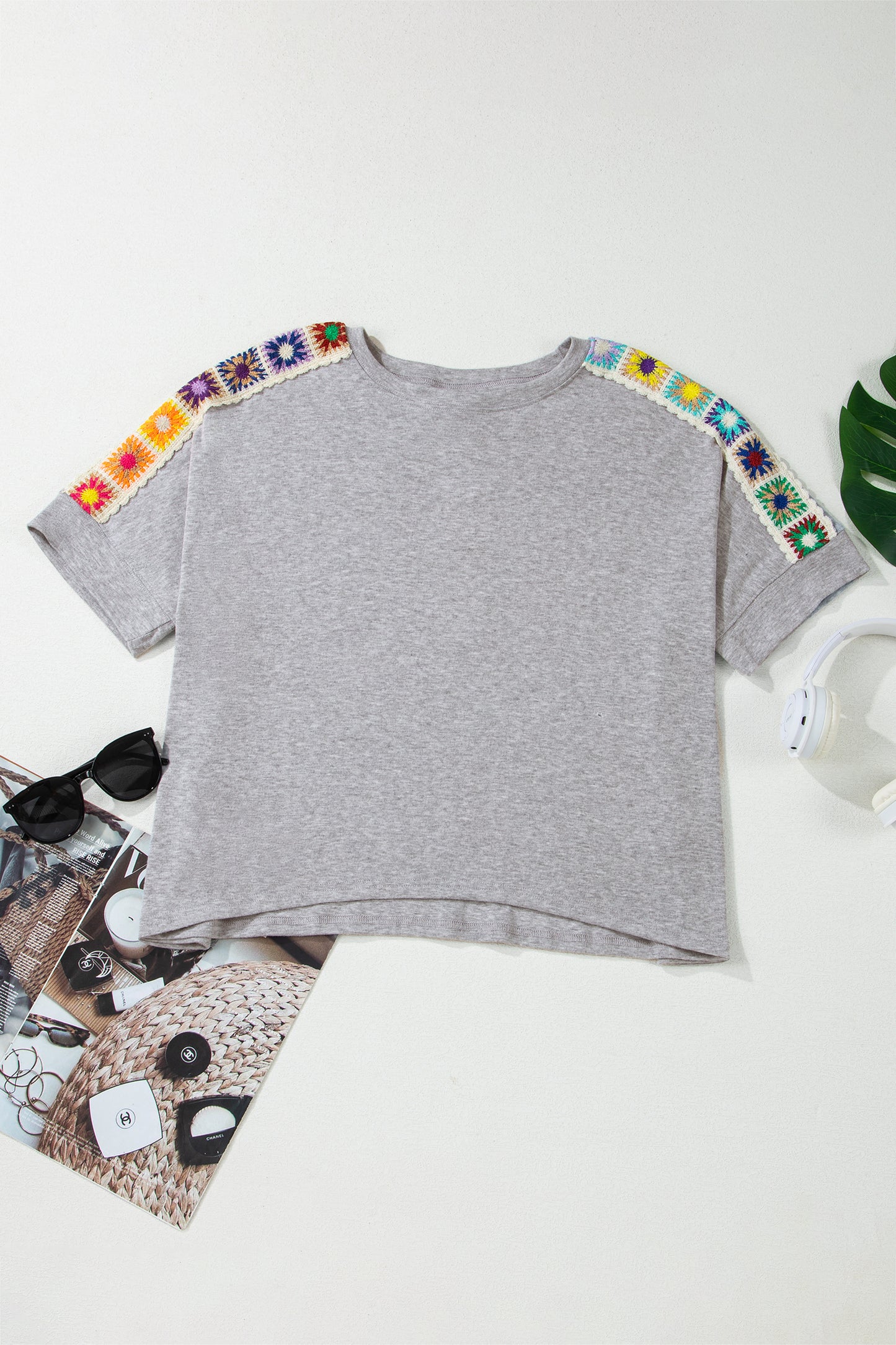Light Grey Granny Square Crochet Detail Loose T Shirt
