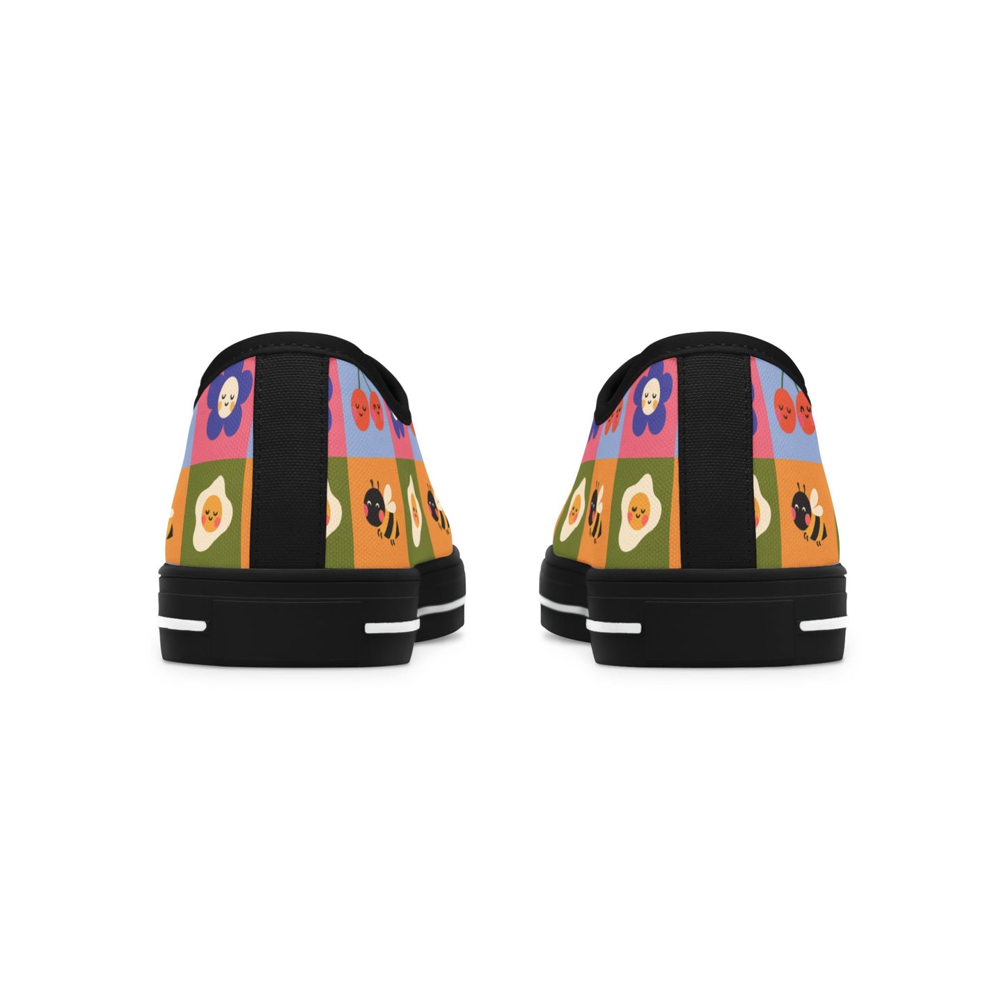 Women's Low Top Sneakers — Retro Floral & Bee Checkerboard Printed Casual Shoes