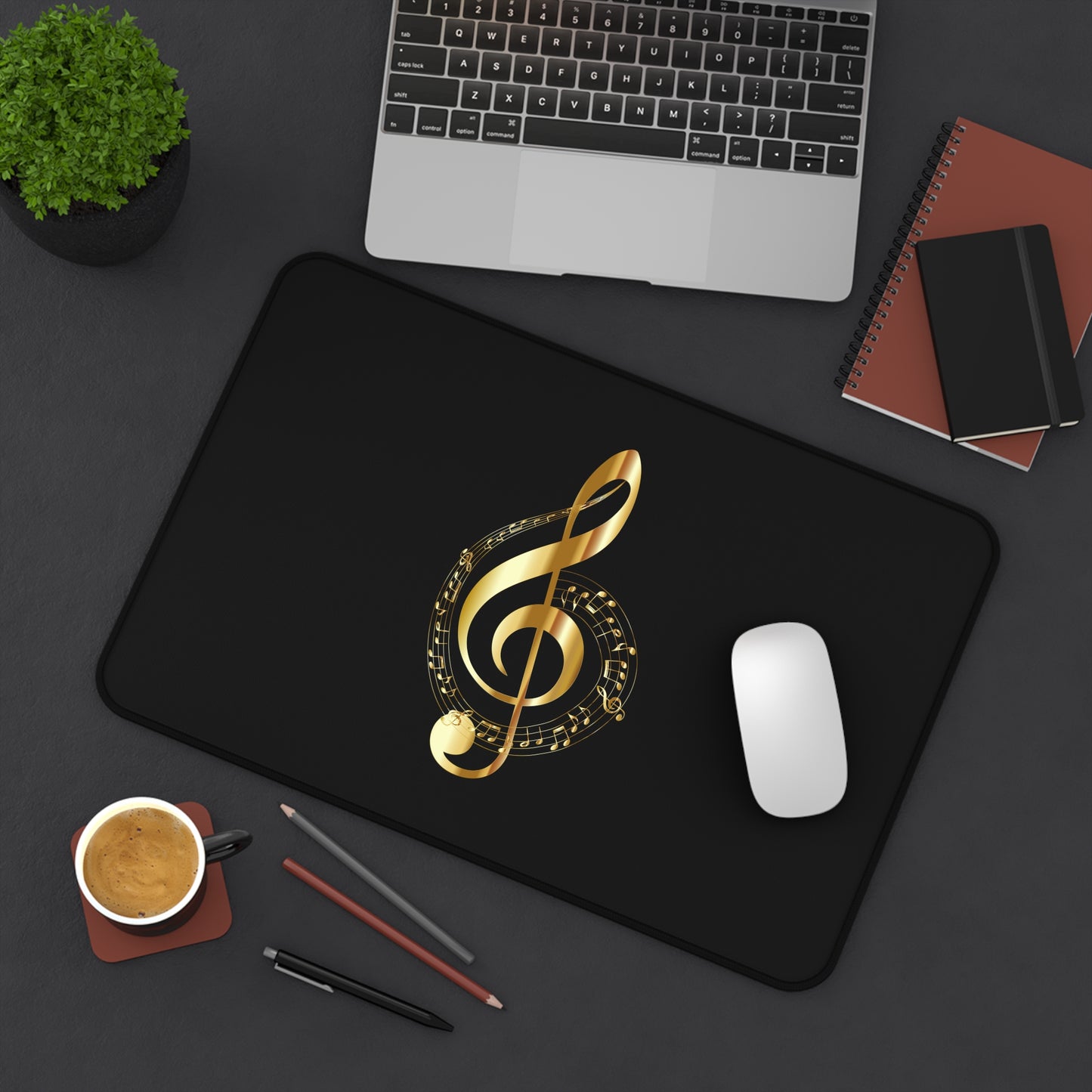 Gold Treble Clef Desk Mat — Elegant Musician Mouse Pad