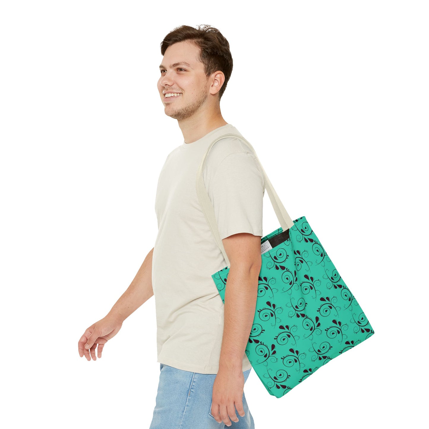 Turquoise Floral Swirl Tote Bag – All-Over Print Stylish Shopping Bag