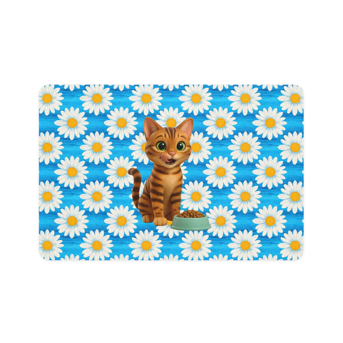 Cute Tabby Cat Pet Food Mat (12x18) — Daisy Pattern, Non-Slip Feeding Placemat