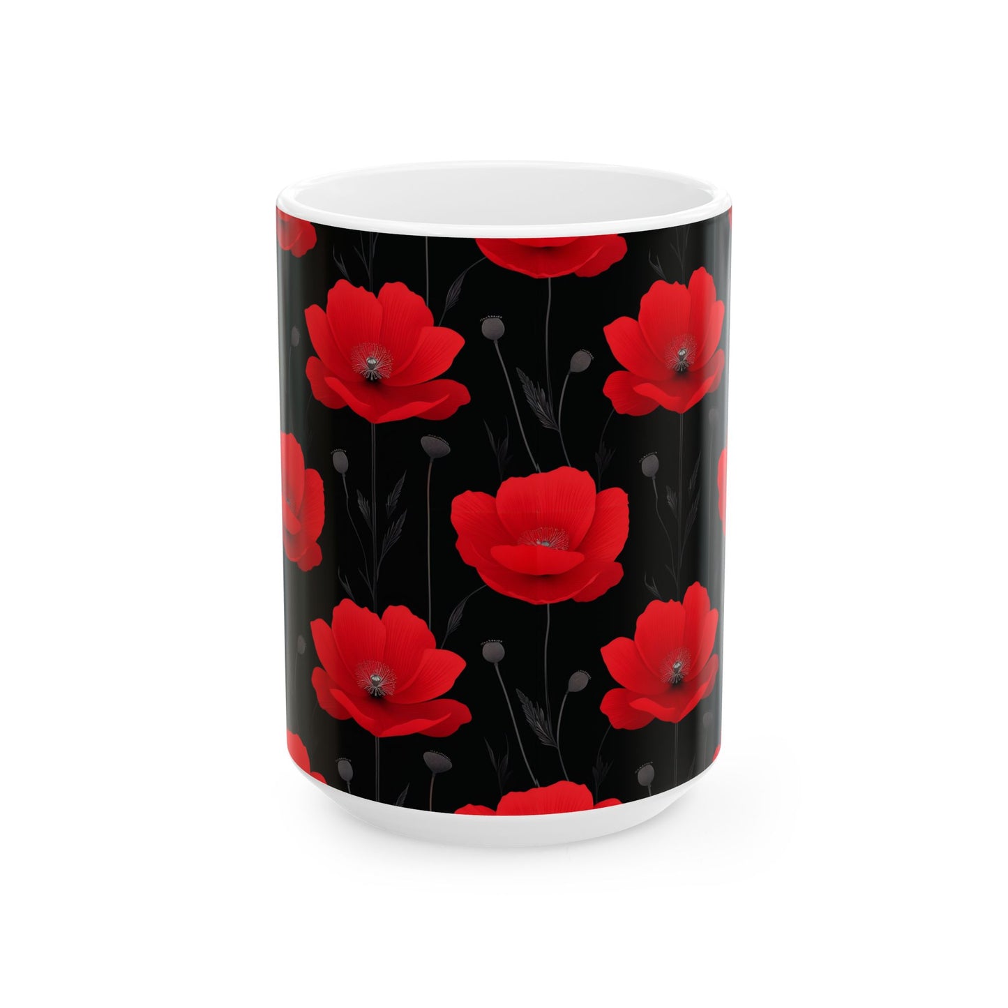 Red Poppy Floral Mug — Black Background Ceramic Coffee Cup (11oz, 15oz)