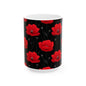Red Poppy Floral Mug — Black Background Ceramic Coffee Cup (11oz, 15oz)