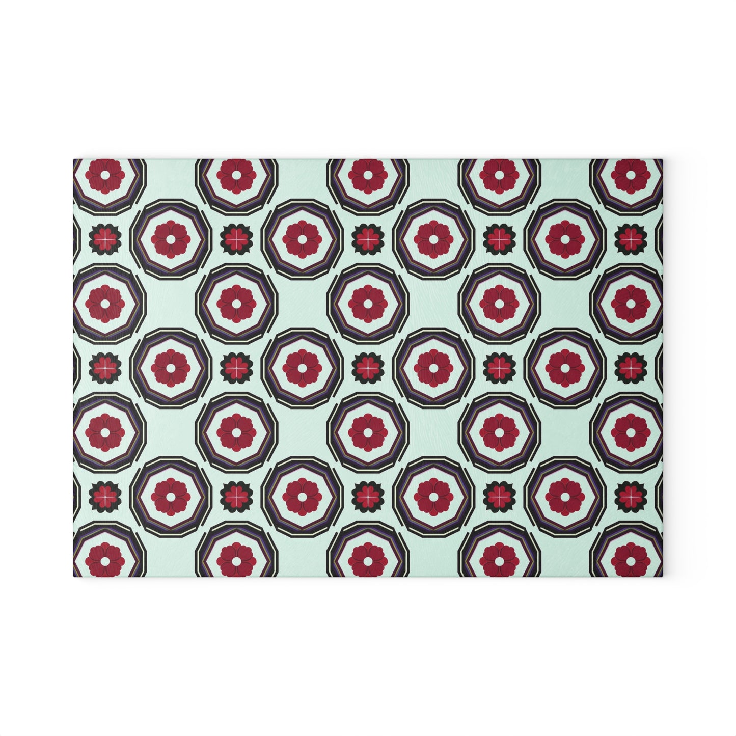 Retro Geometric Glass Cutting Board — Mint & Burgundy Pattern