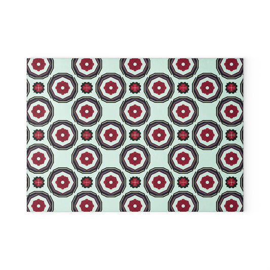 Retro Geometric Glass Cutting Board — Mint & Burgundy Pattern