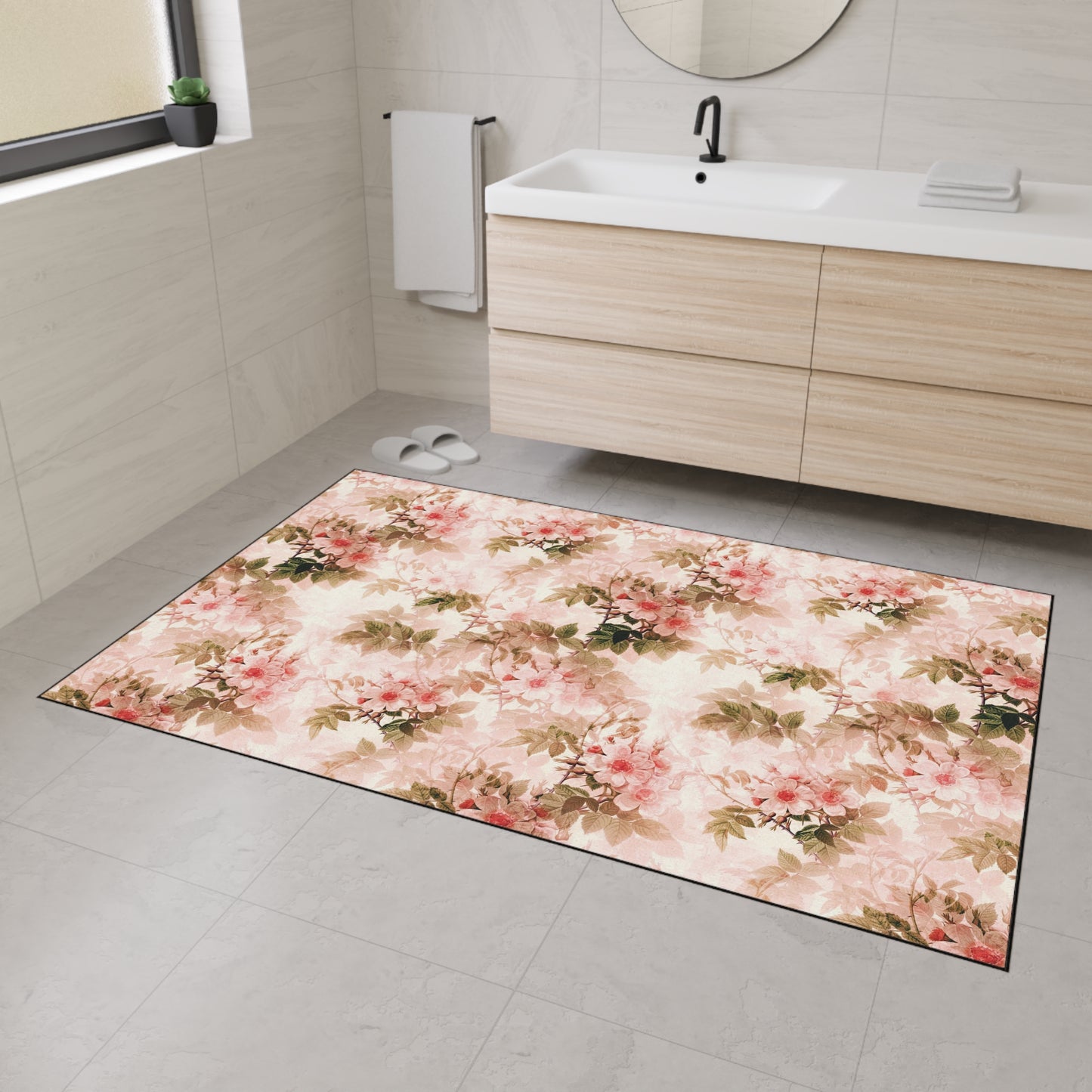 Floral Vintage Heavy-Duty Floor Mat — Pink Rose Garden Rug