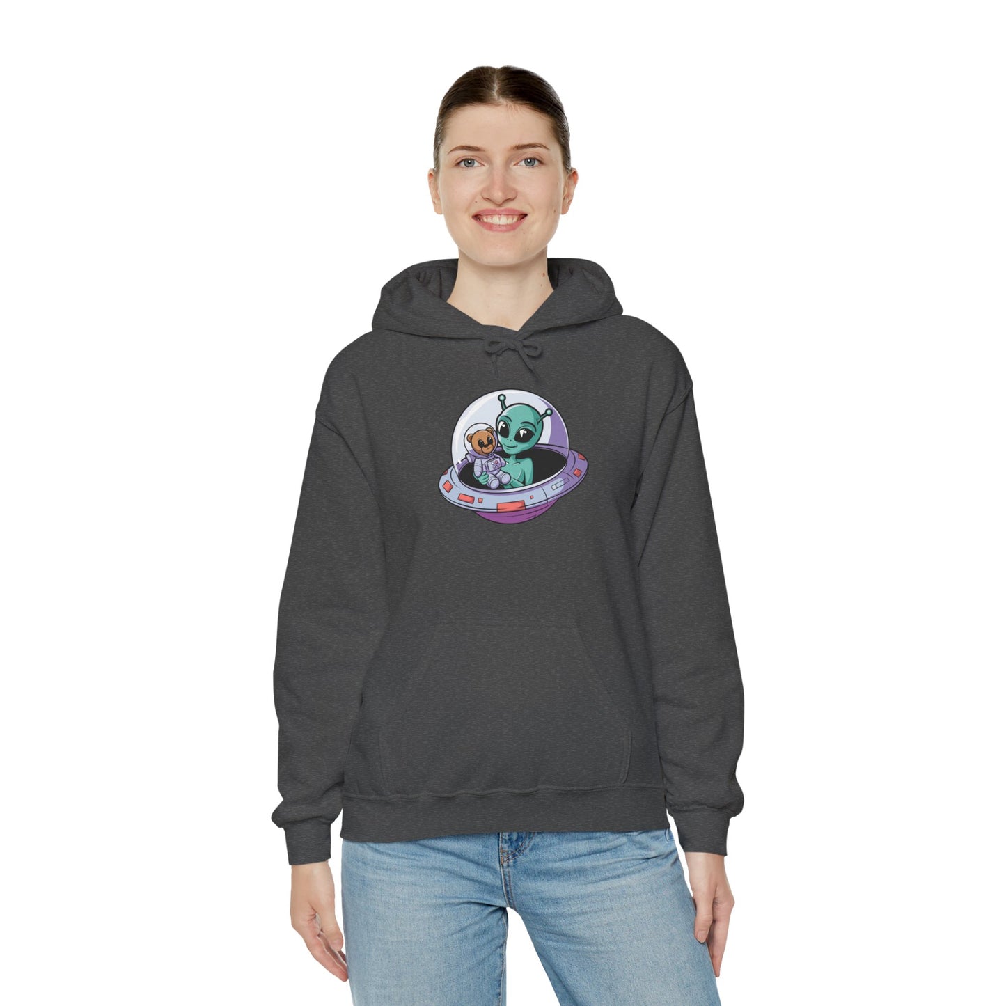 Cute Alien and Kid Hoodie, Unisex Heavy Blend Sweatshirt, UFO Lover Gift, Halloween Costume, Space-Themed Outfit, Birthday Present