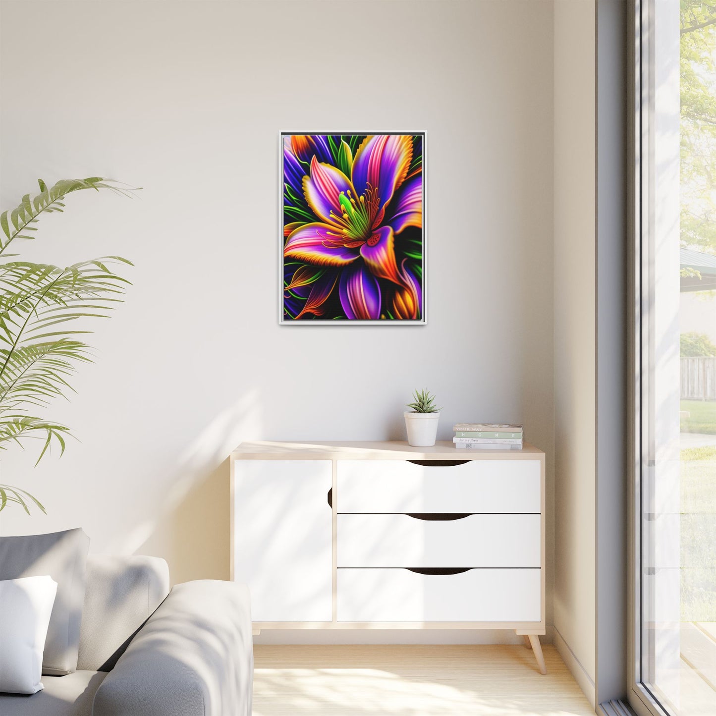 Vibrant Neon Floral Matte Canvas Print — Framed Wall Art