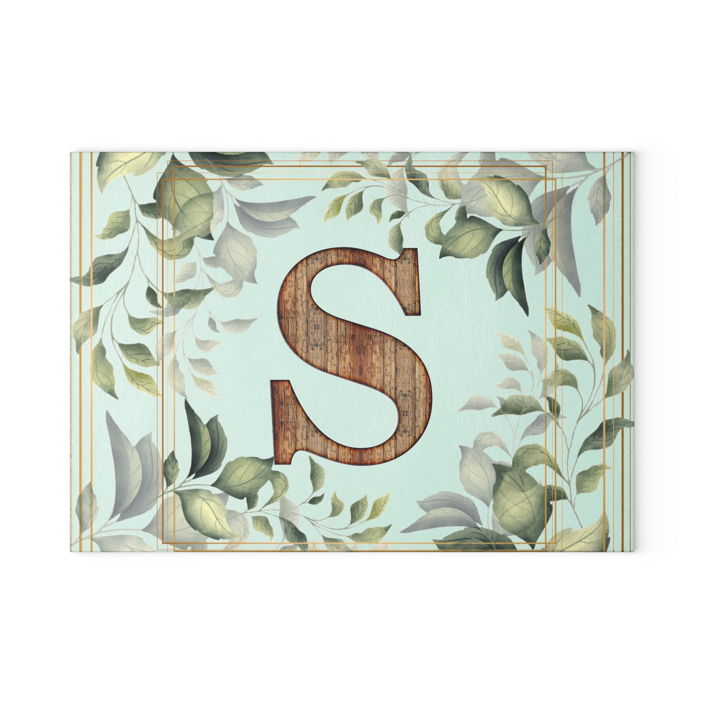 Monogram S Glass Cutting Board — Rustic Wood Initial with Greenery