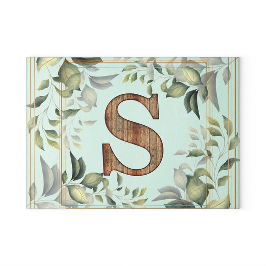 Monogram S Glass Cutting Board — Rustic Wood Initial with Greenery