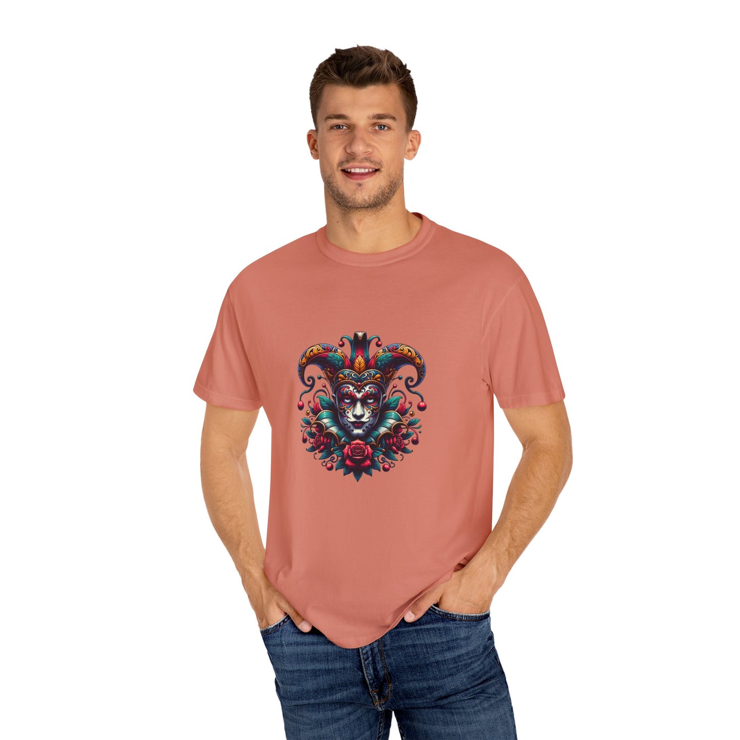 Vibrant Unisex Garment-Dyed T-shirt Featuring Colorful Jester Design, Festival Fashion