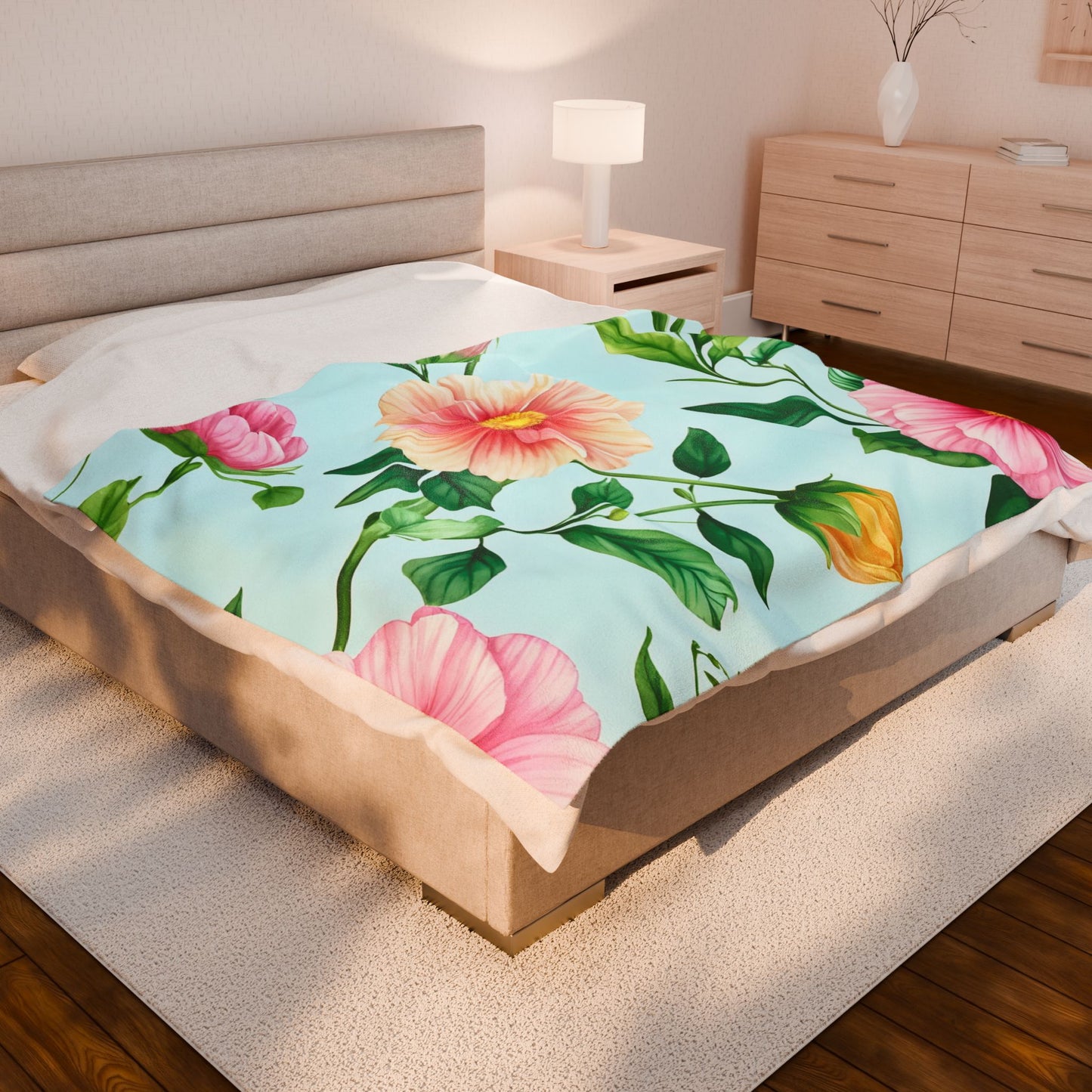 Floral Velveteen Plush Blanket — Pastel Pink & Mint Flower Throw
