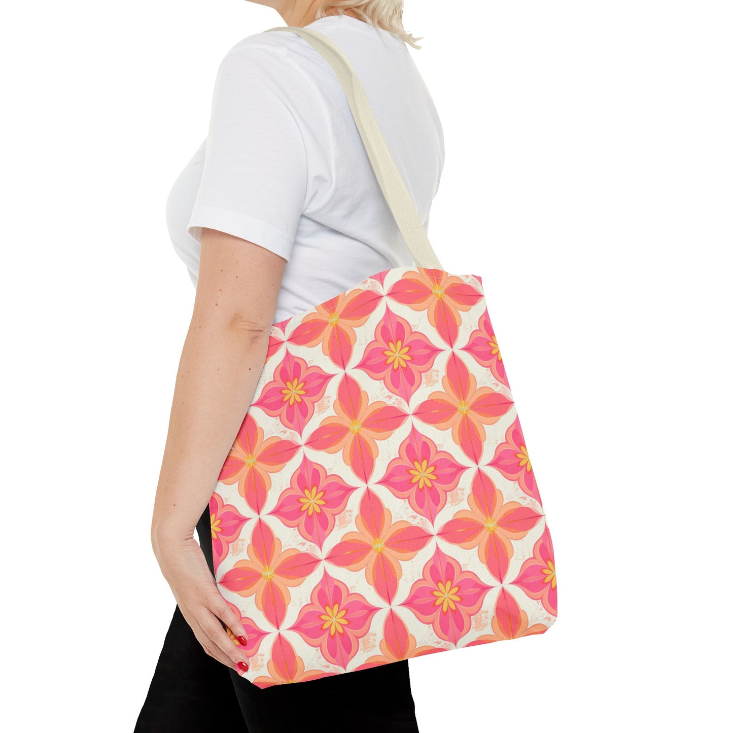 Pink Floral Geometric Tote Bag — All-Over Print Reusable Shopper