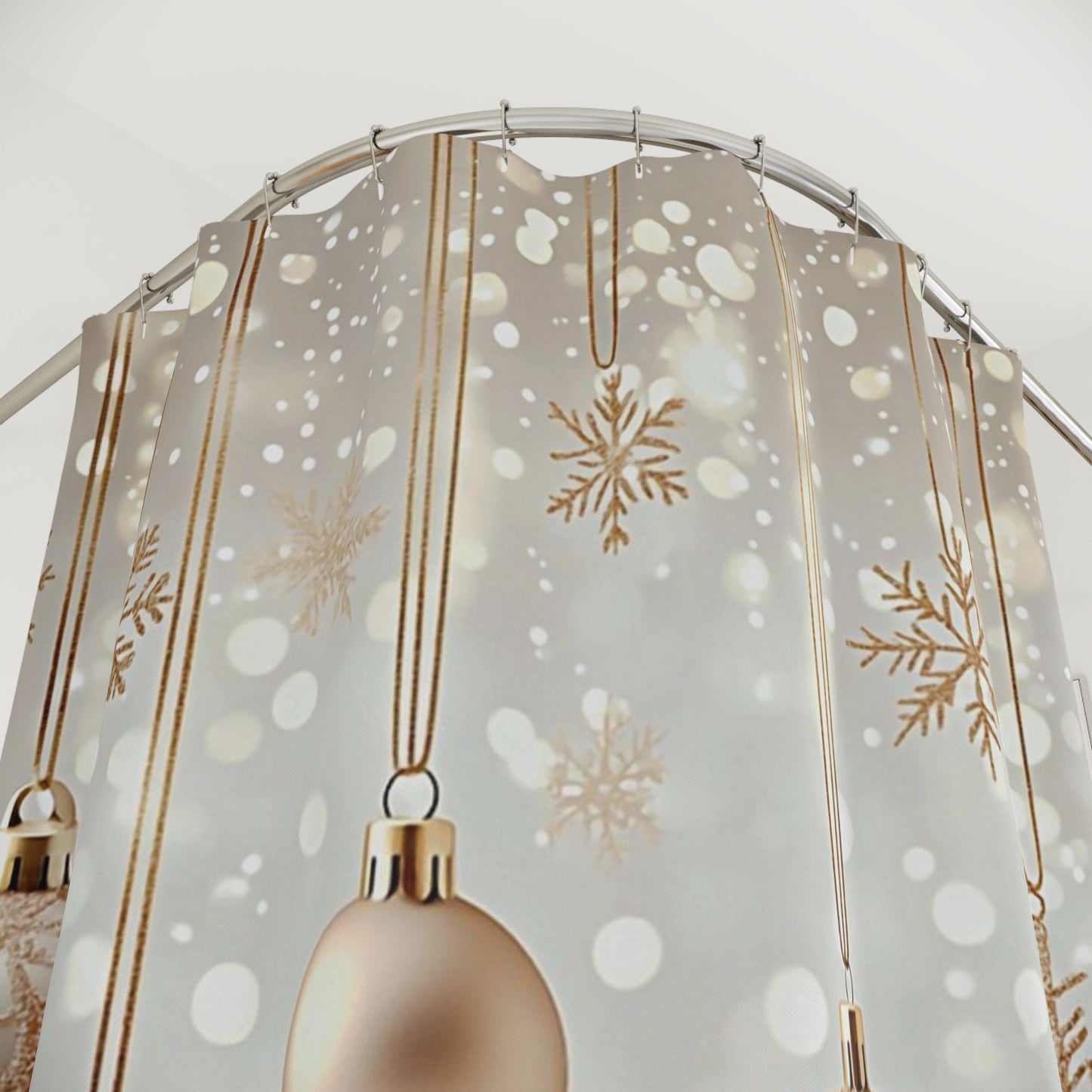 Gold Christmas Ornaments Shower Curtain — Holiday Snowflake Bathroom Decor