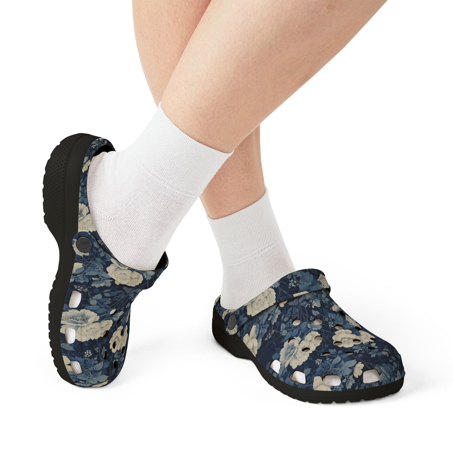 Floral Clogs - Vintage Blue Rose Slip-On Shoes