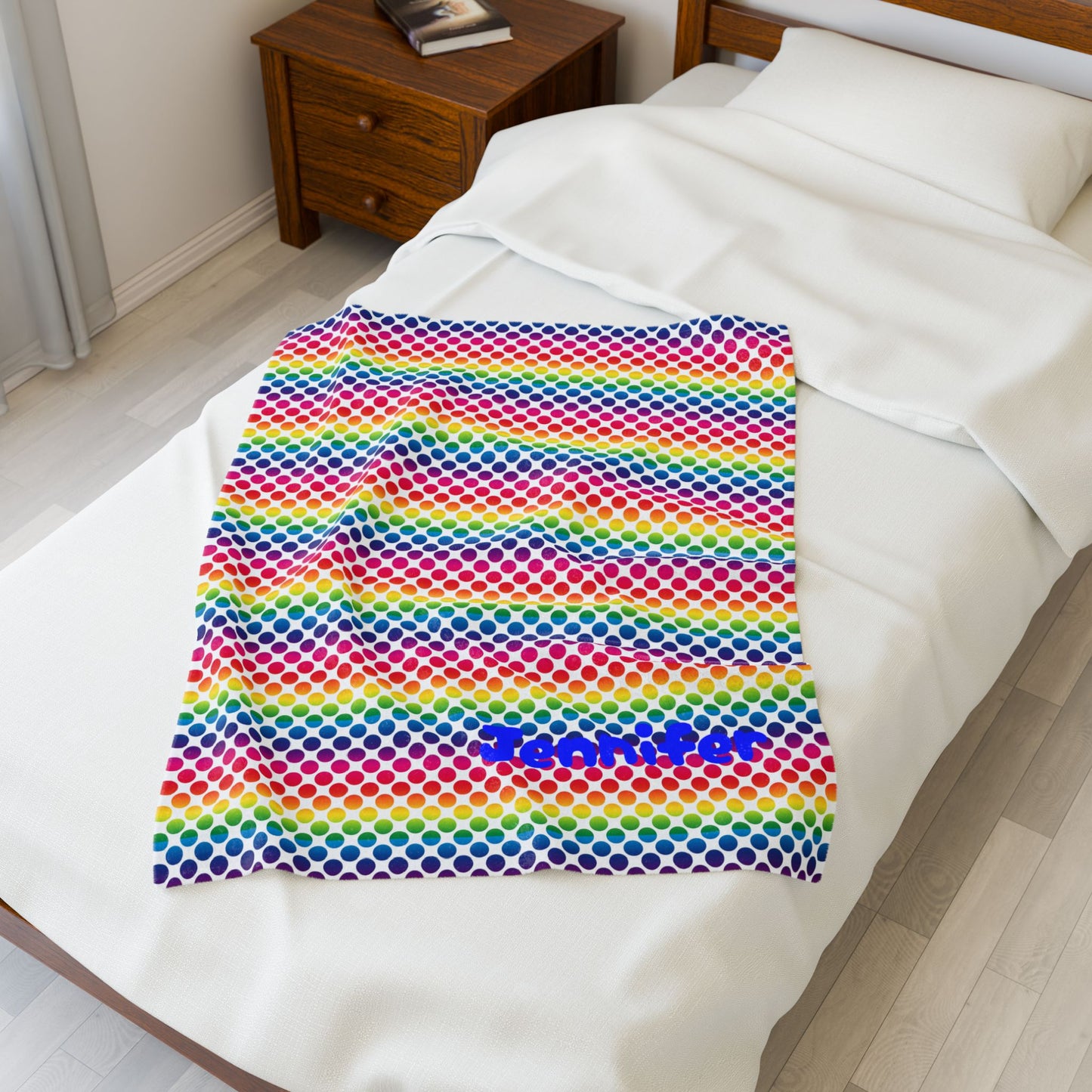 Personalized Velveteen Plush Blanket, Rainbow Polka Dot Throw, Cozy Home Decor, Gift for Kids, Custom Name Blanket, Soft Snuggle Blanket