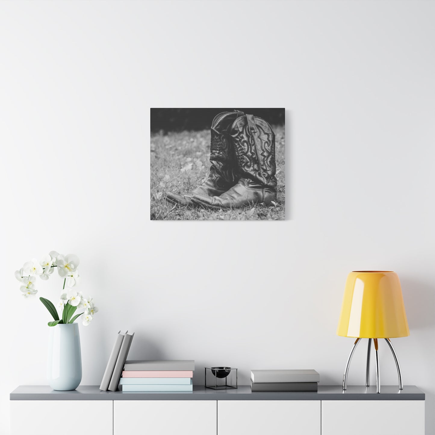 Western Cowboy Boots Matte Canvas Wall Art – Black & White Rustic Country Decor