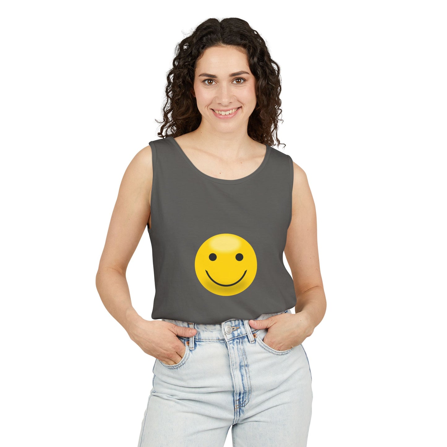 Smiley Face Tank Top, Summer Shirt, Casual Wear, Beach Outing, Gift for Friends, Positive Vibes Apparel