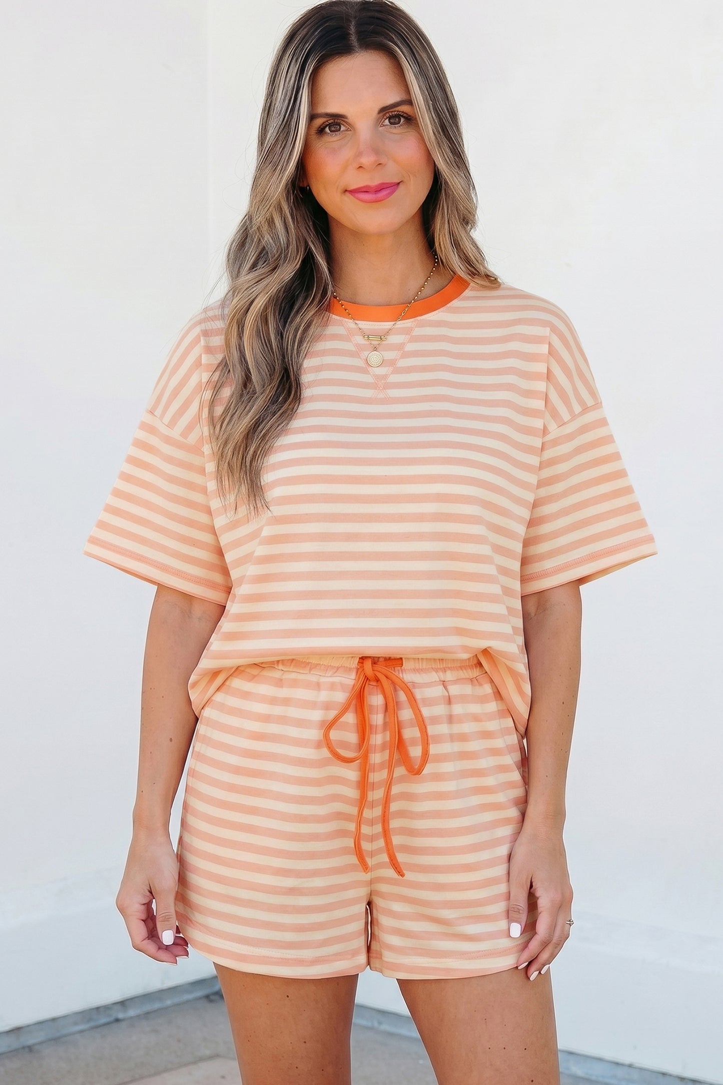 Stripe Contrast Neck Loose Tee and Drawstring Shorts Set
