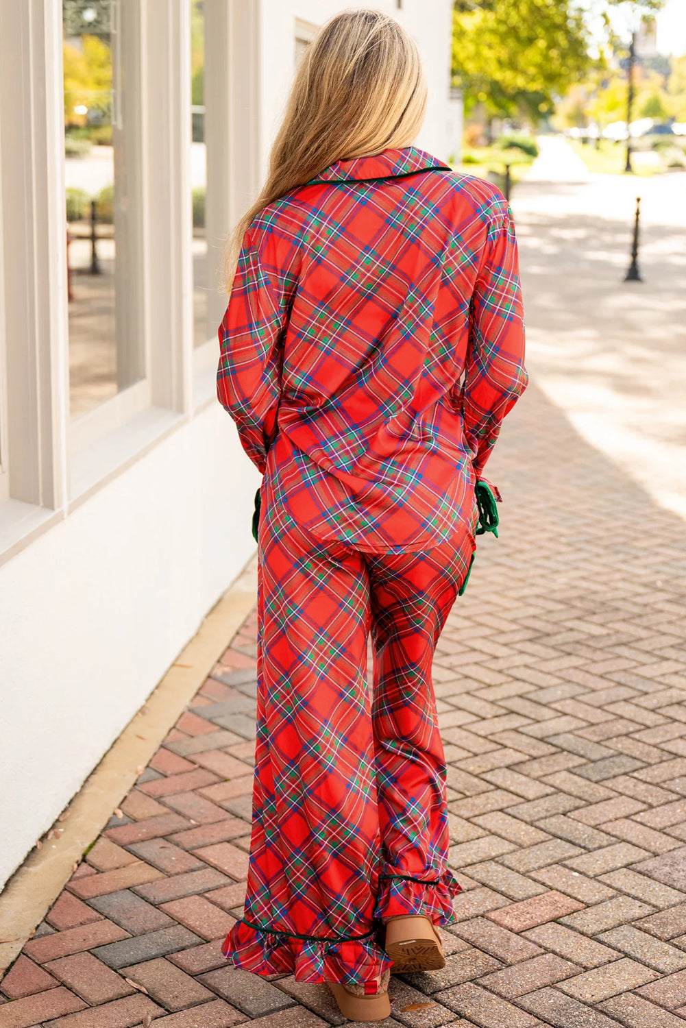 Fiery Red Plaid Satin Pajama Set with Contrast Velvet Ties