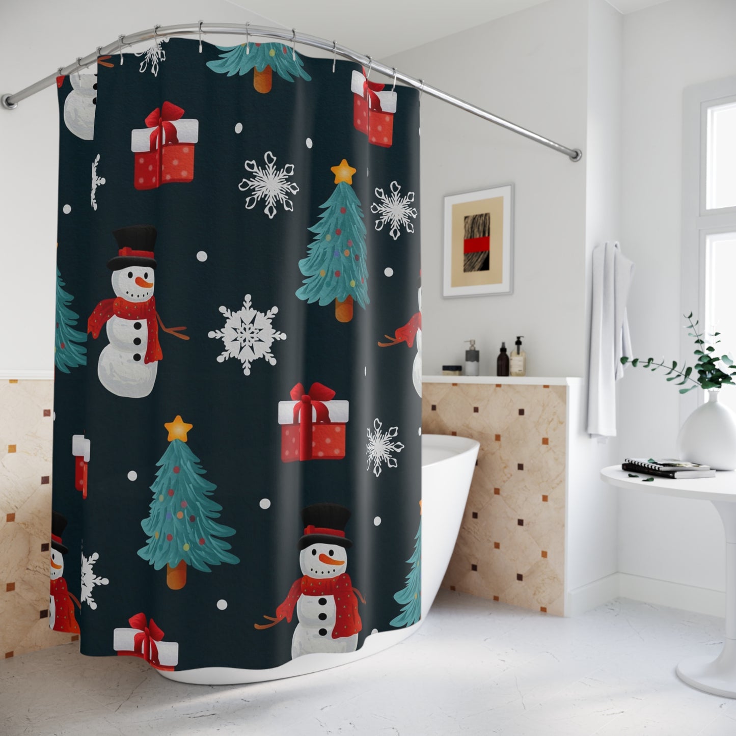 Festive Holiday Shower Curtain, Christmas Decor, Winter Wonderland Bathroom, Snowman Gift Pattern, Holiday Cheer